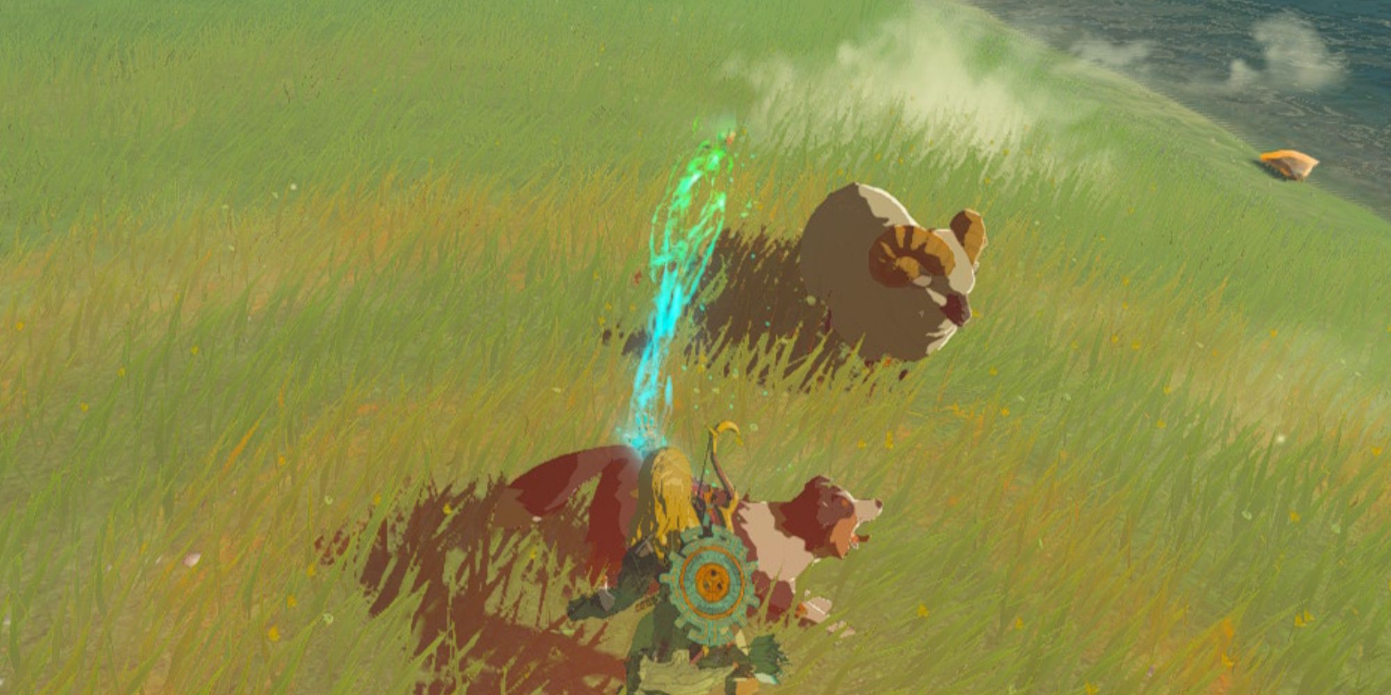 Tears of the Kingdom - Player using Ultrahand to  pet dog in Hateno Village