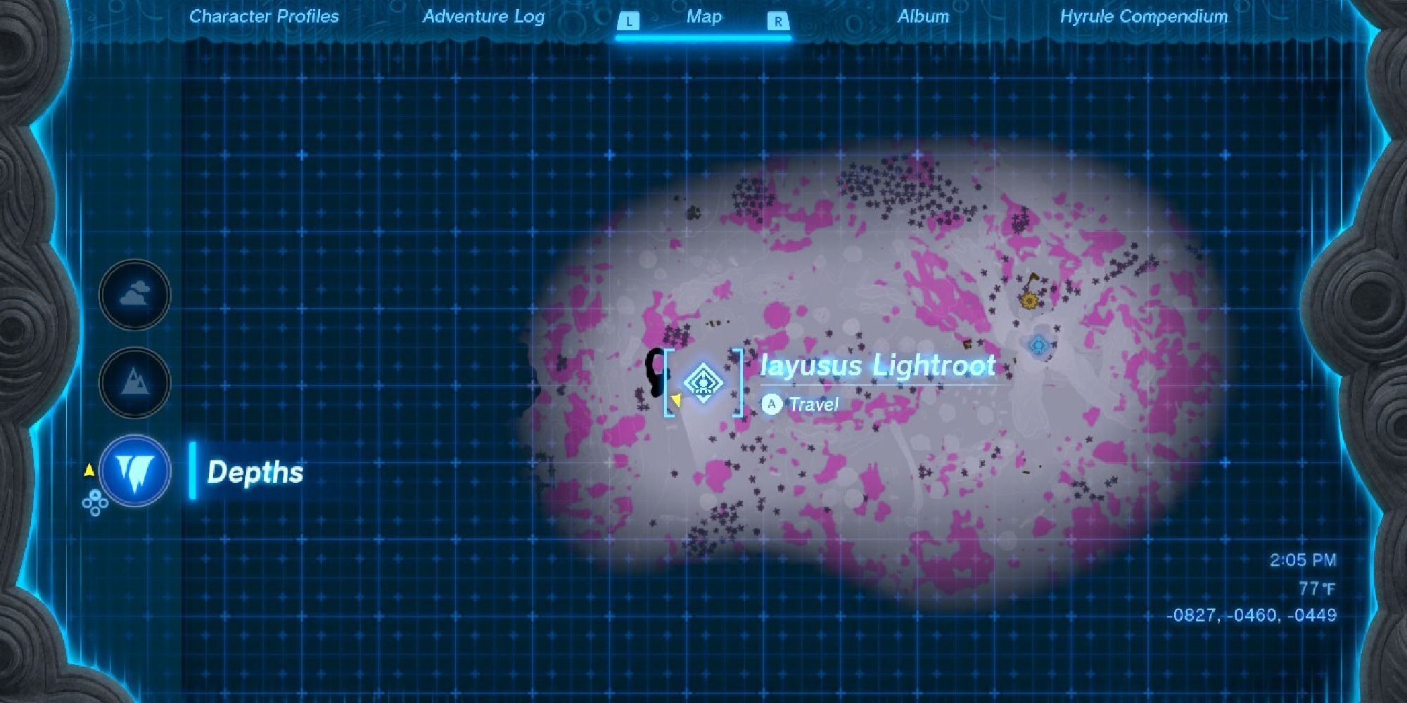 map of chasm, with Layusus Lightroot highlighted