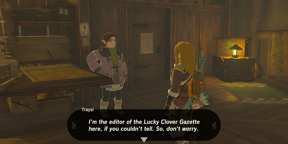 Tears of the Kingdom Traysi and Link in the Lucky Clover Gazette Office