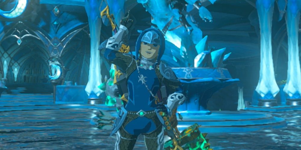 Link posing for a photo in Zora armor in The Legend of Zelda: Tears of the Kingdom the video game