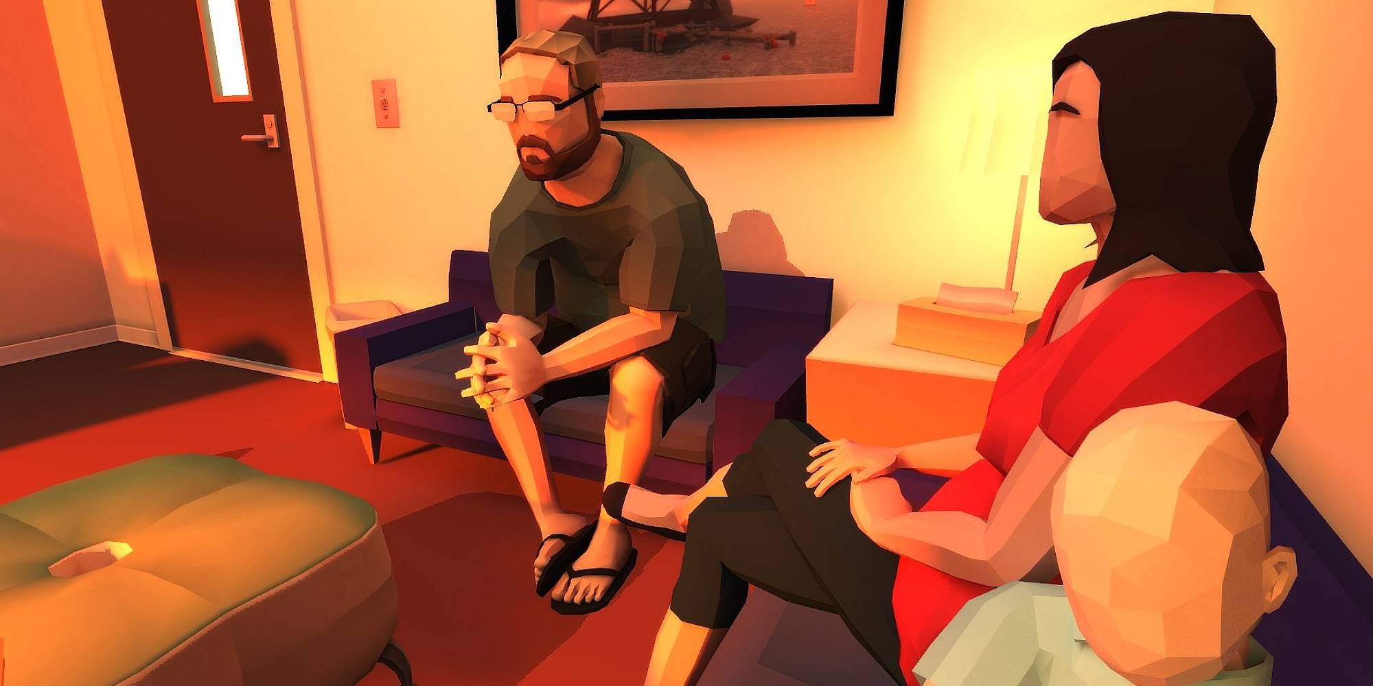 A boxy art style of two figures and a baby sitting down in an office in That Dragon Cancer.