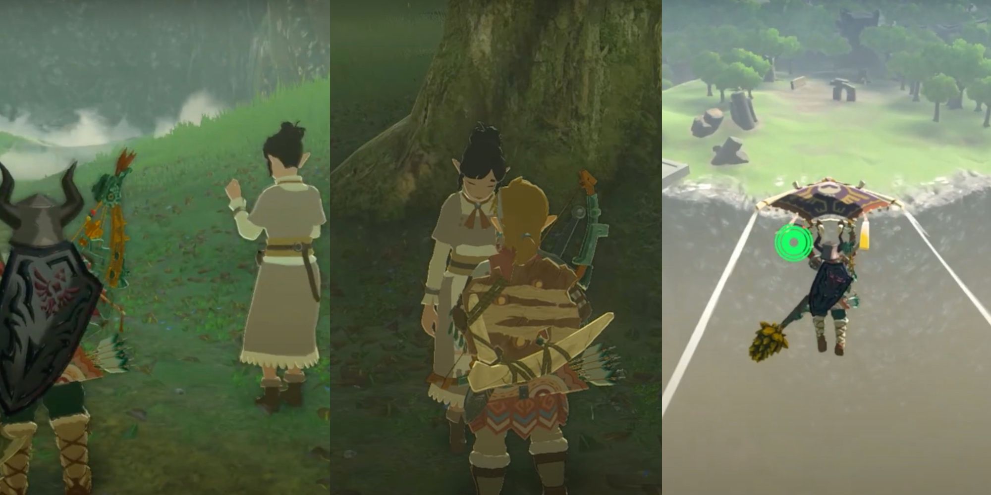 The Beckoning Woman and Link look off on the left. Link and Ralera talking. Link gliding over a gap In The Legend Of Zelda Tears Of The Kingdom