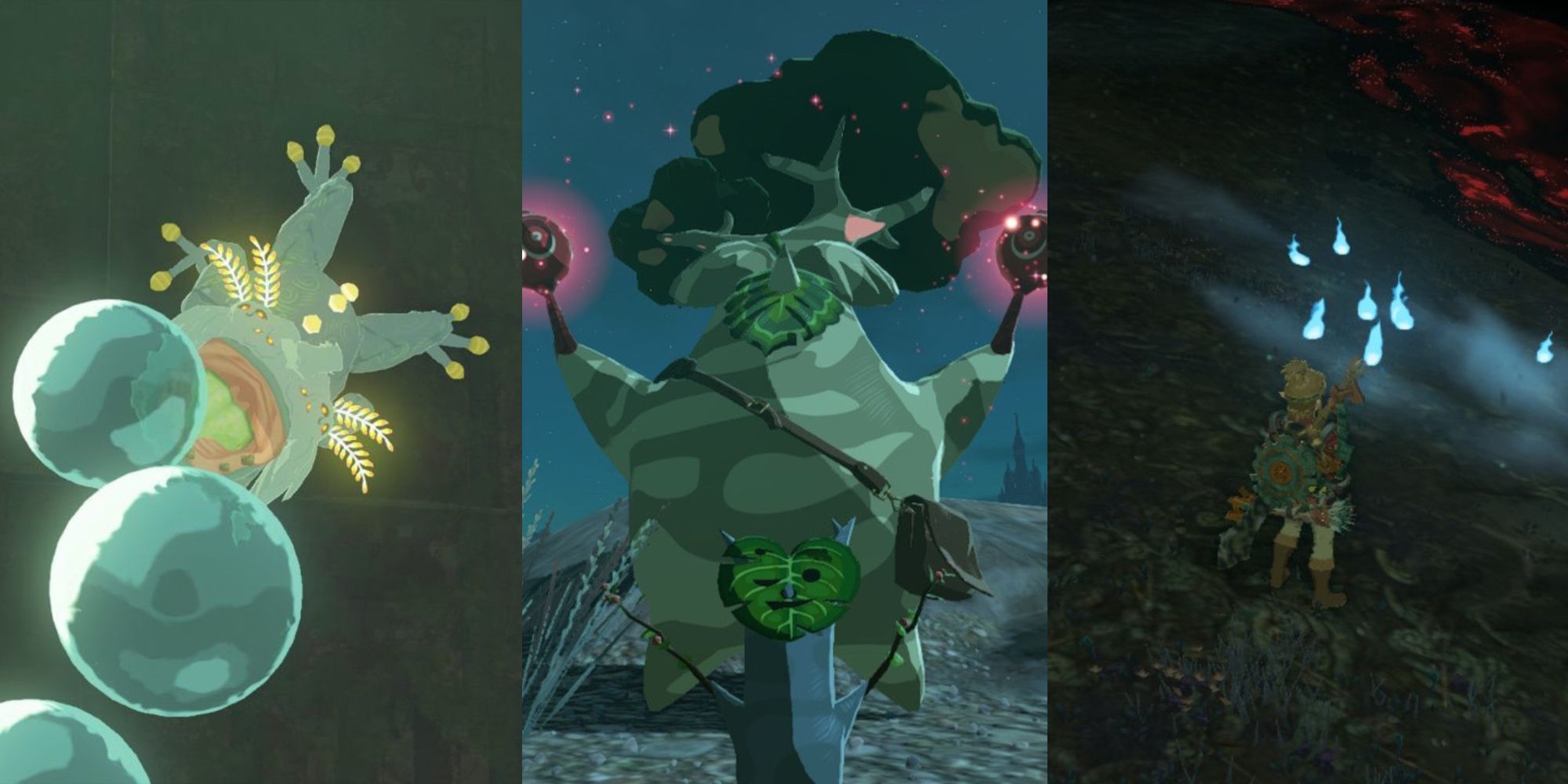 A Bubbul Frog shoots bubbles on a wall. Hestu dancing with his Korok buddies. Link locates some Poes in The Legend of Zelda: Tears of the Kingdom.