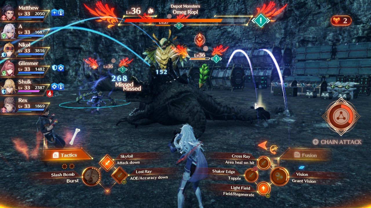 A, Matthew, and Nikol fighting the Omeg Ropi to retrieved the Abandoned Supplies in Xenoblade Chronicles 3: Future Redeemed.