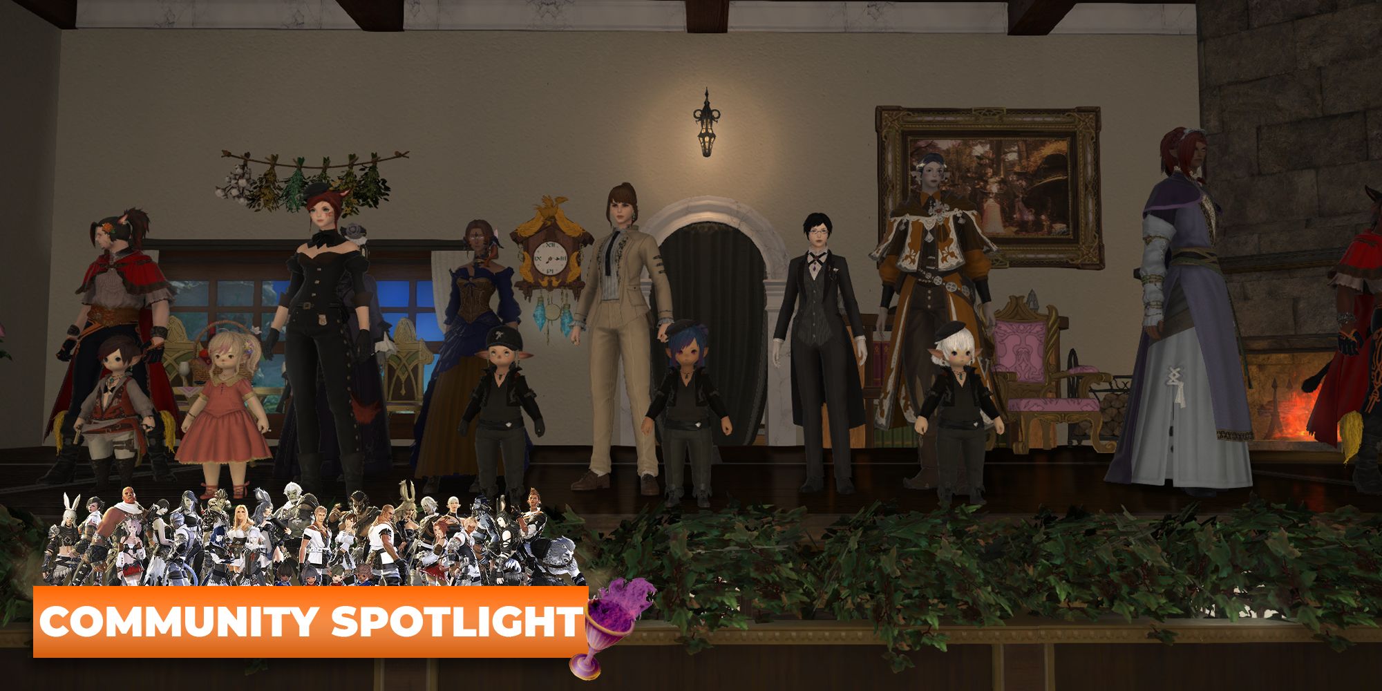 The cast of The Firebird Theatre on stage in Final Fantasy 14.