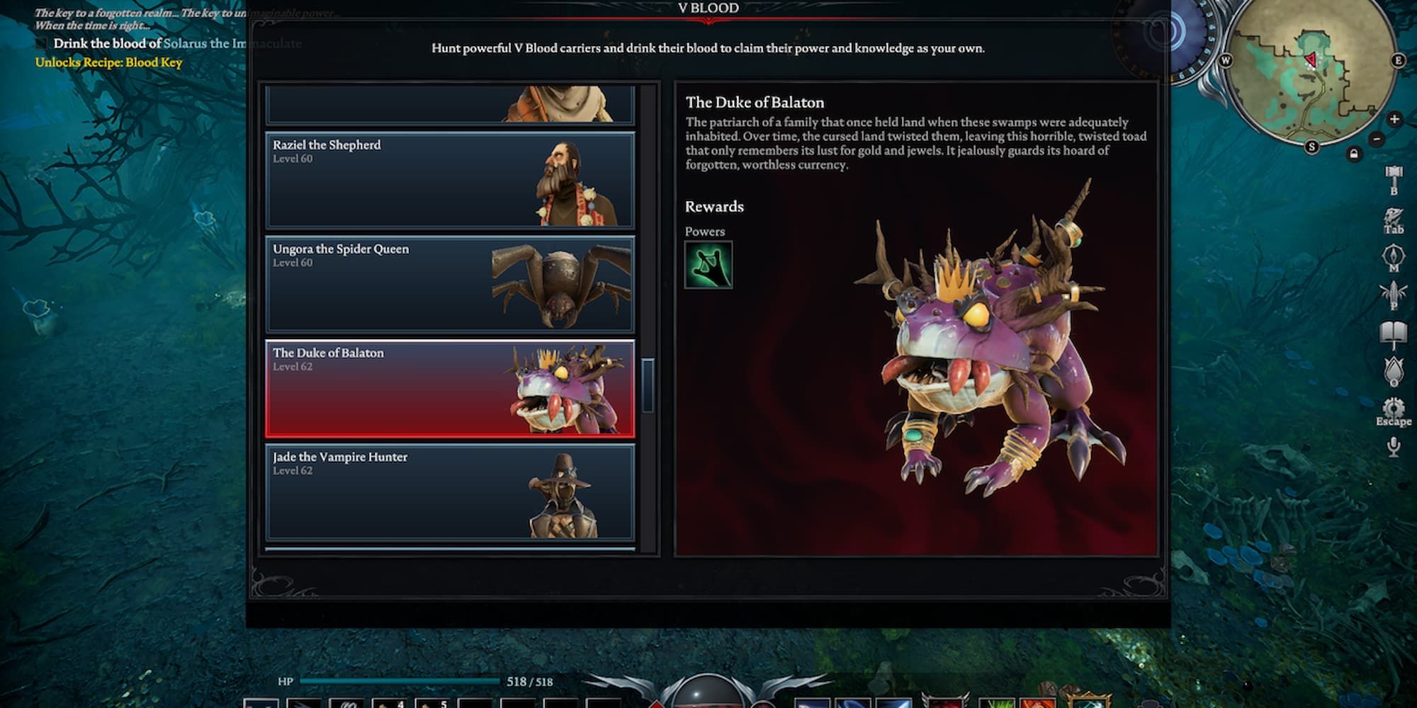 The Duke Of Balaton's tracking page in V Rising.