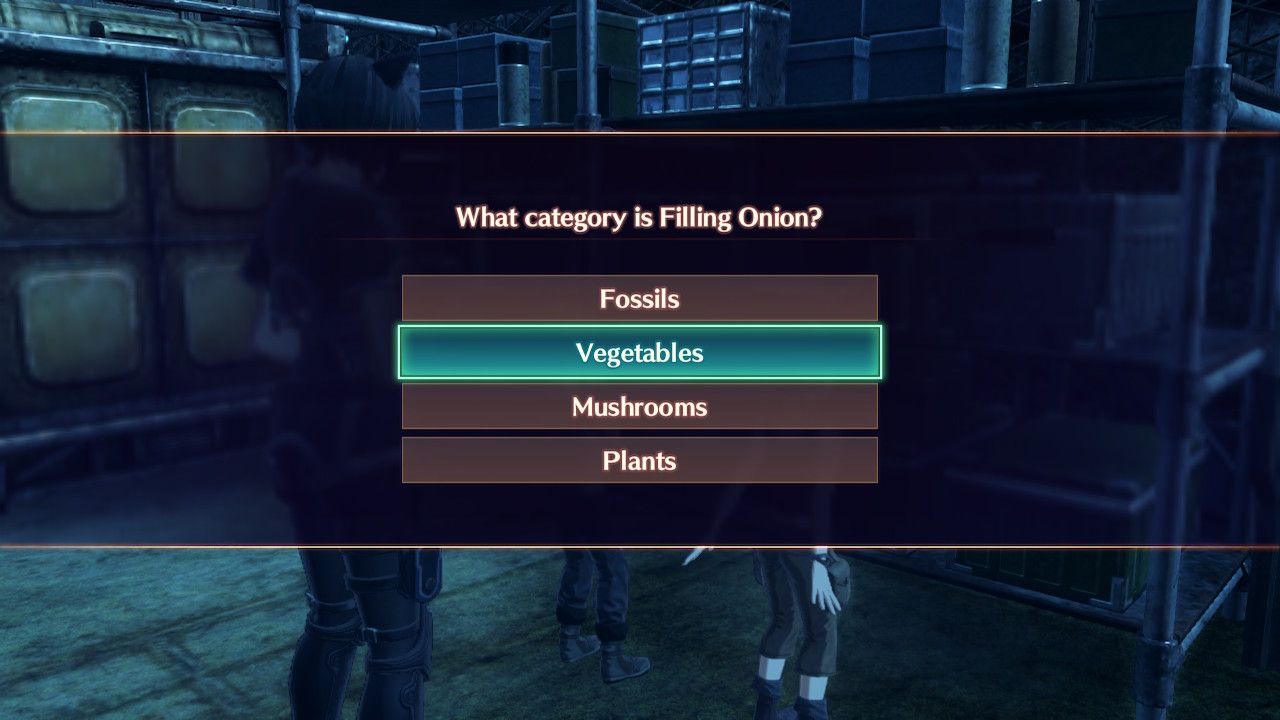 The question "What category is Filling Onion?" being asked during the Junior Workforce quiz in Xenoblade Chronicles 3: Future Redeemed.