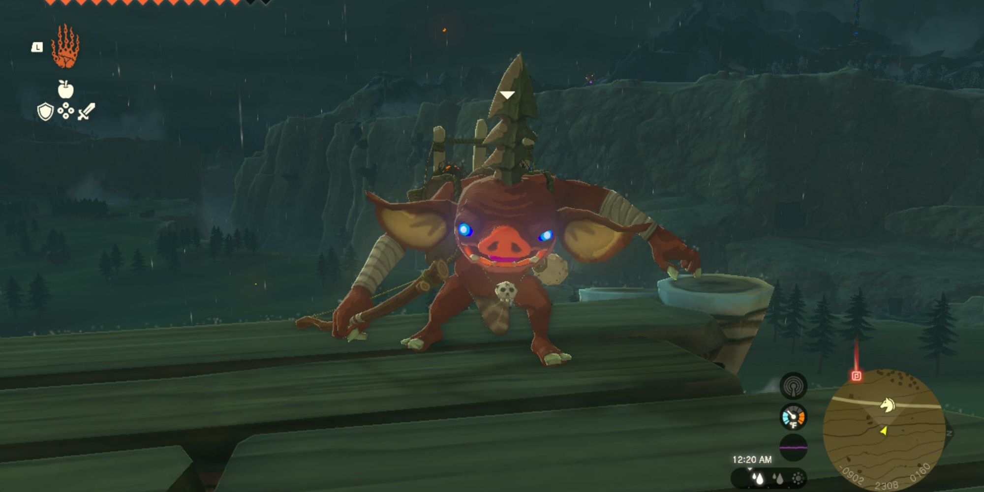 the legend of zelda tears of the kingdom bokoblin with a basket filled with fire fruit, holding a bow