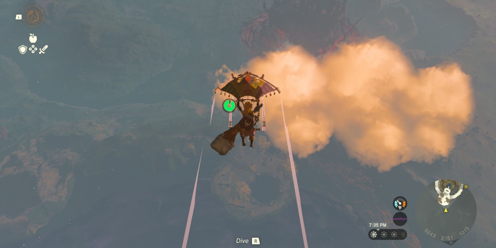 Link Gliding down toward Bravery Island in The Legend of Zelda: Tears of the Kingdom