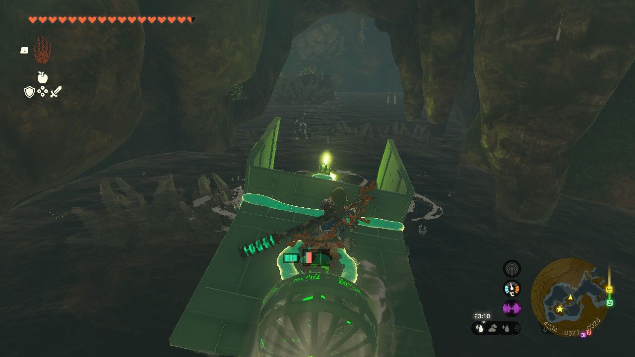 The Legend of Zelda Tears of the Kingdom, Link driving is boat over the dangerous spikes