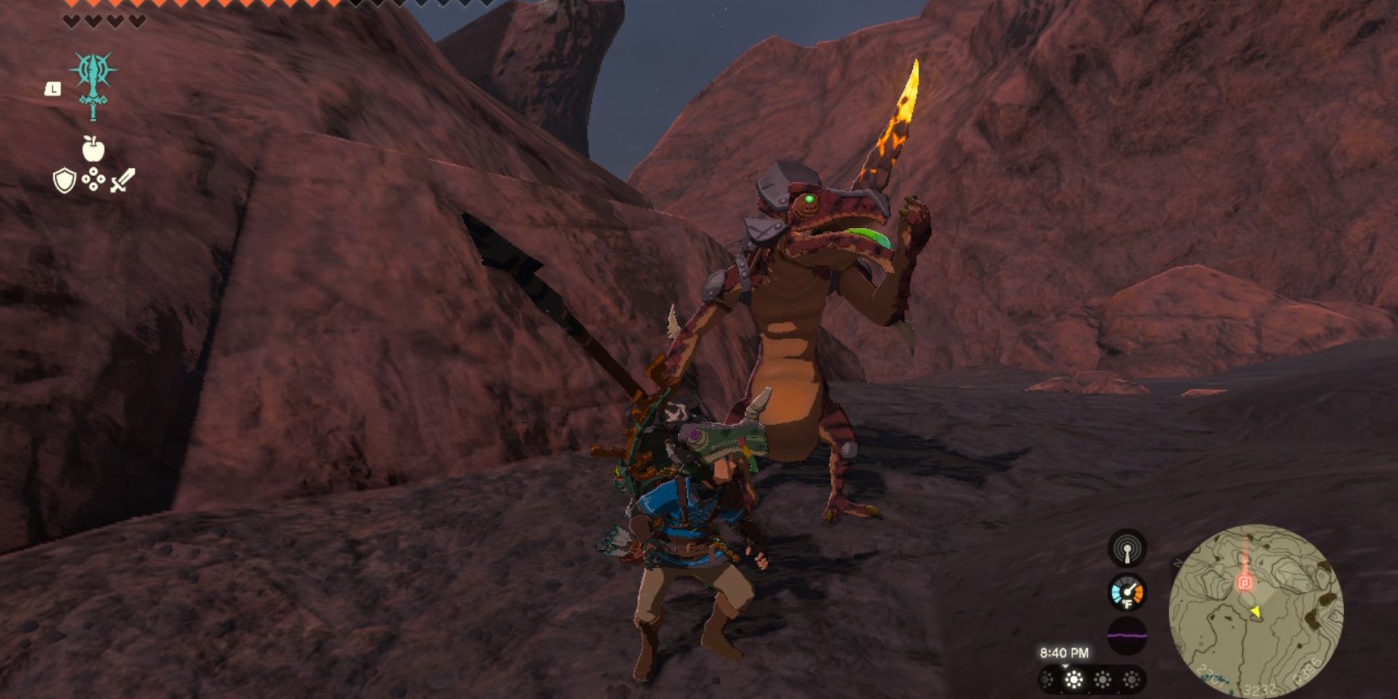 the legend of zelda tears of the kingdom link standing next to a fire lizalfos in elden while wearing a lizalfos mask