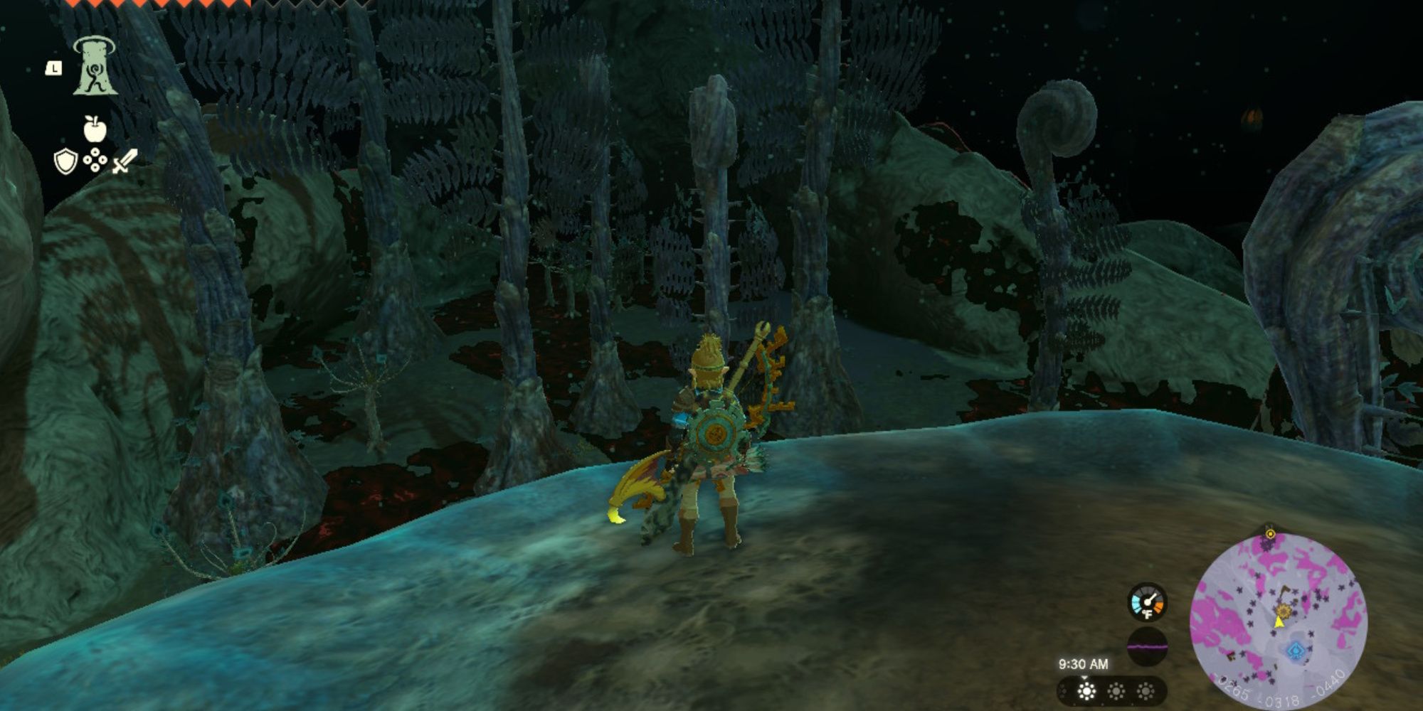 The Legend of Zelda Tears of the Kingdom, Link Surveying his surroundings from a high point in the Depths