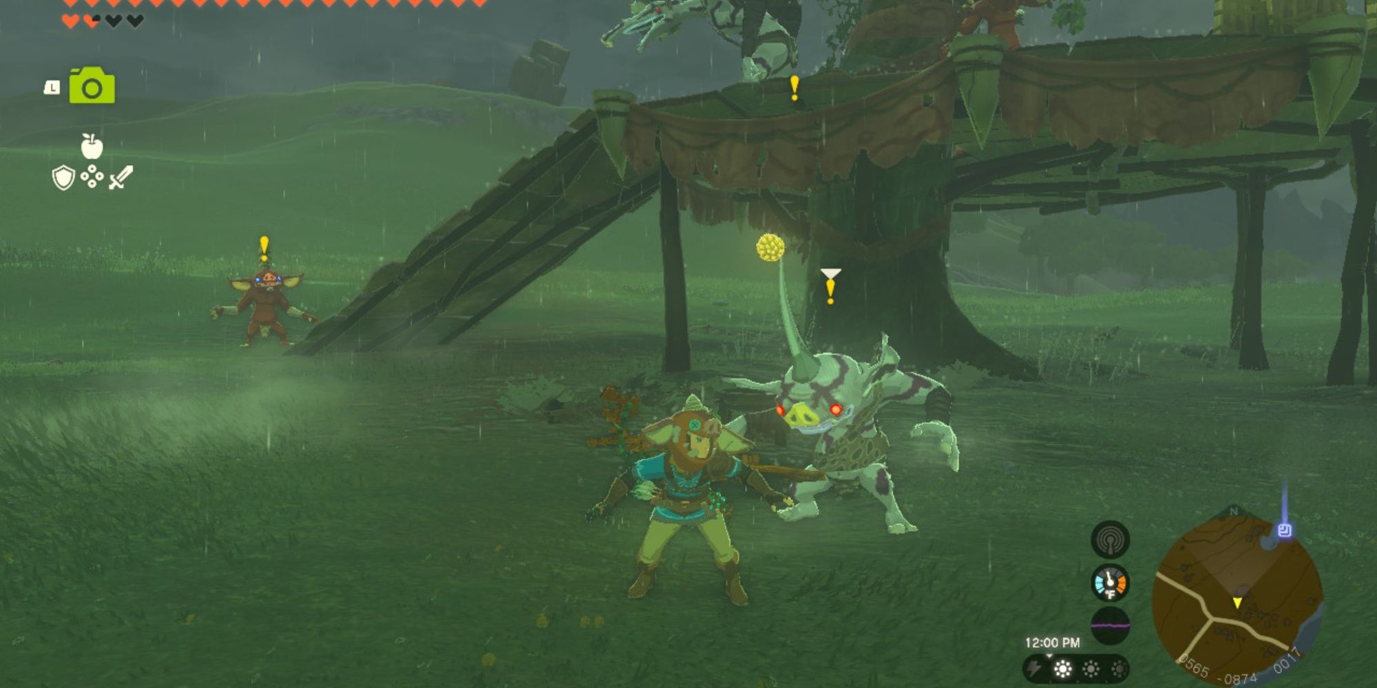 the legend of zelda tears of the kingdom link wearing a bokoblin mask while standing next to a silver bokoblin