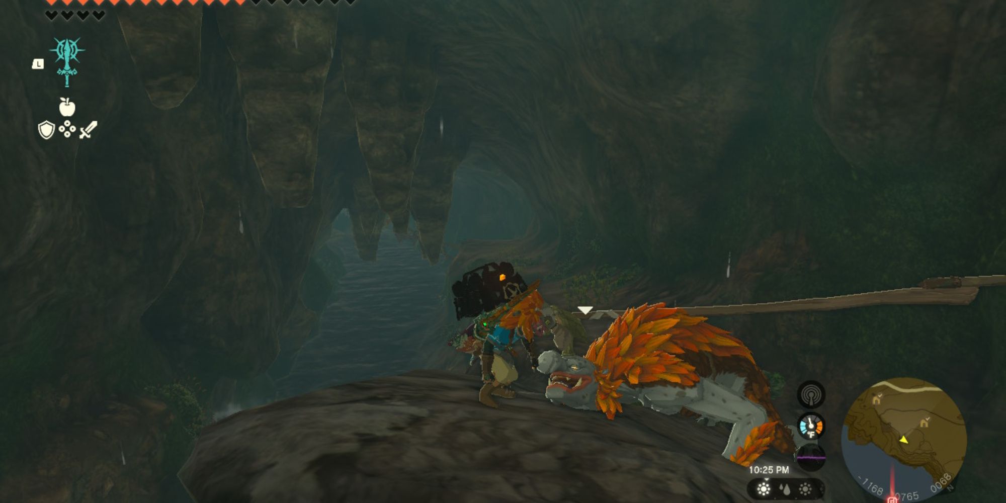 the legend of zelda tears of the kingdom, link wearing a horriblin mask while staring down at a horriblin