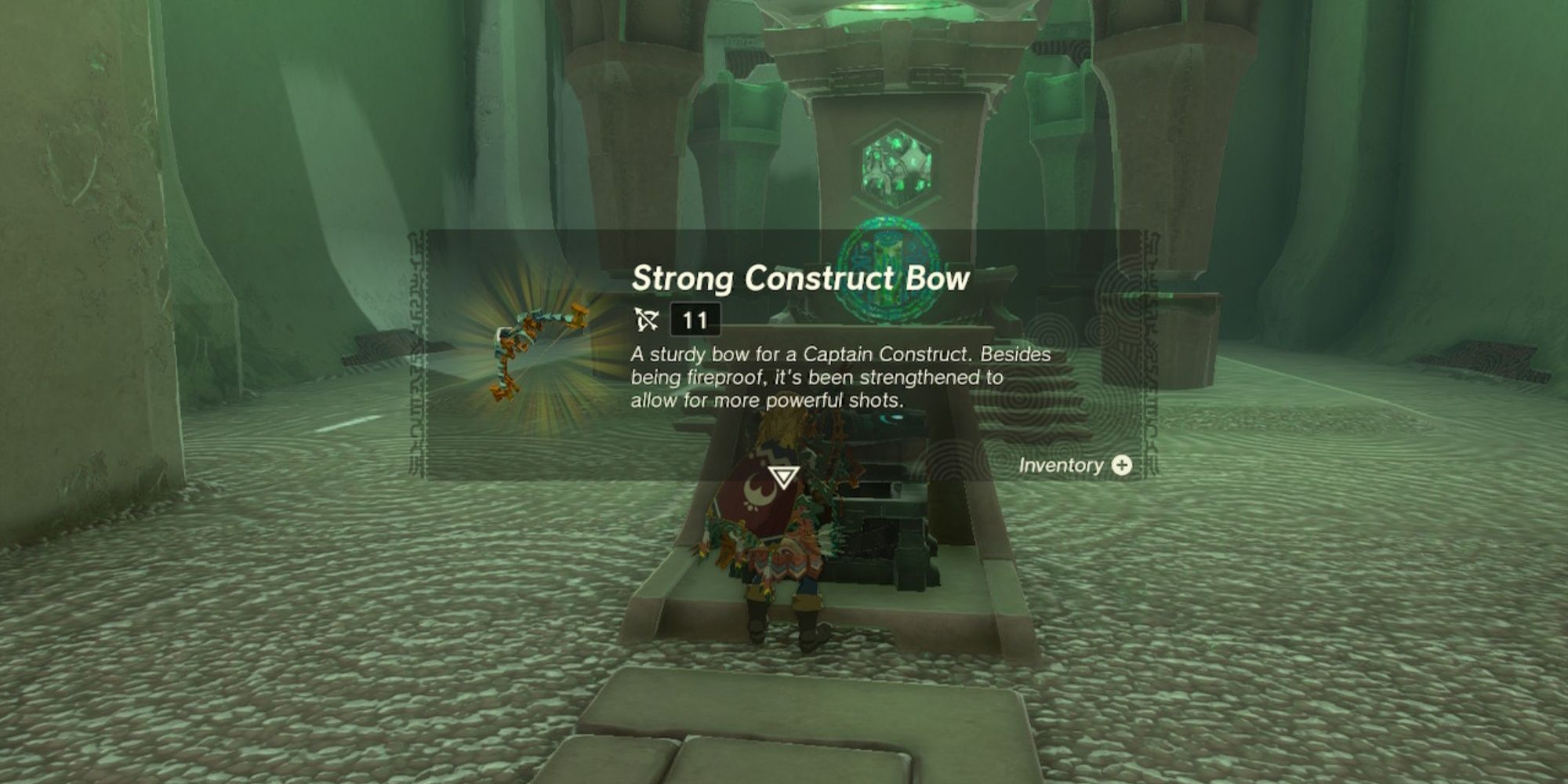 Link opening the Treasure Chest in the Makurukis Shrine and receiving the Strong Construct Bow in The Legend of Zelda: Tears of the Kingdom
