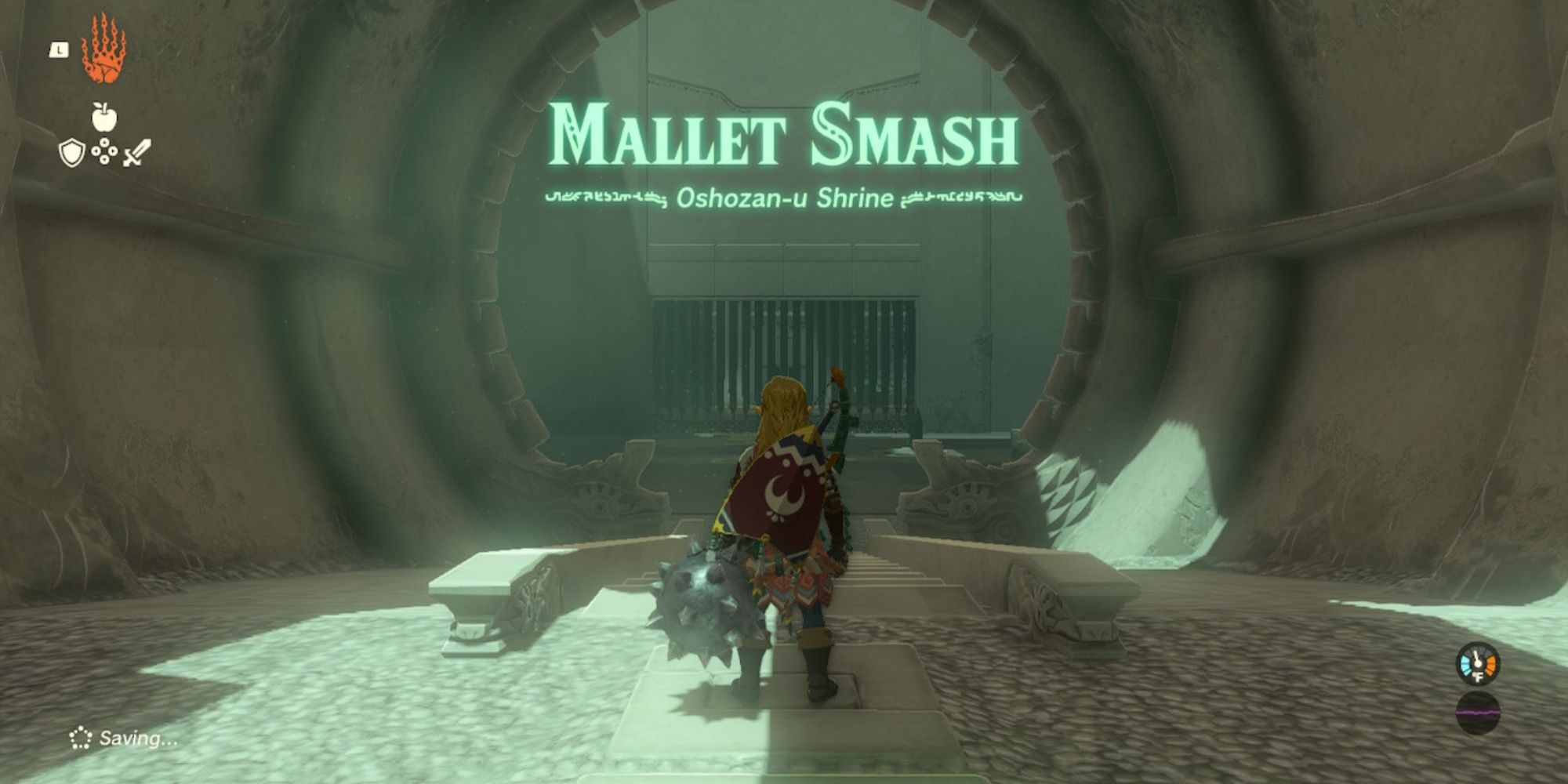 Link standing at the start of the Oshozan-u Shrine Mallet Smash in The Legend of Zelda: Tears of the Kingdom