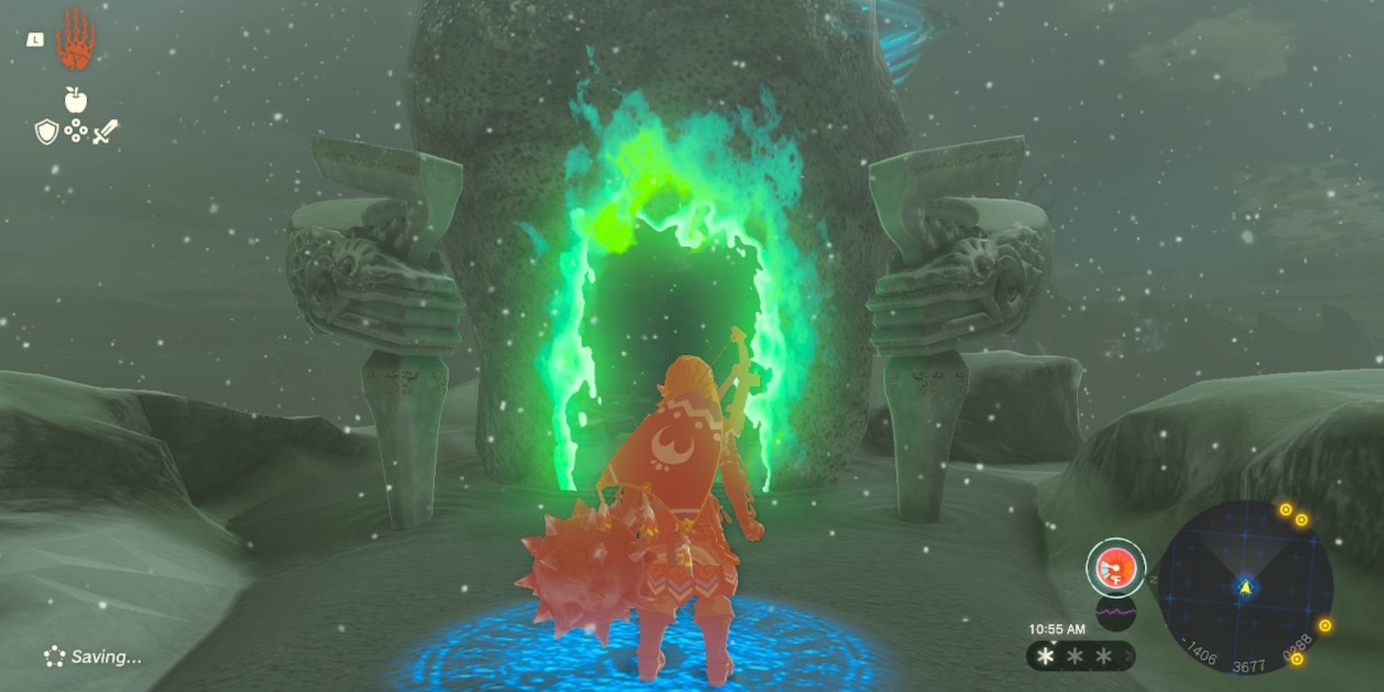 Link freezing while standing outside the Oshozan-u Shrine in The Legend of Zelda: Tears of the Kingdom
