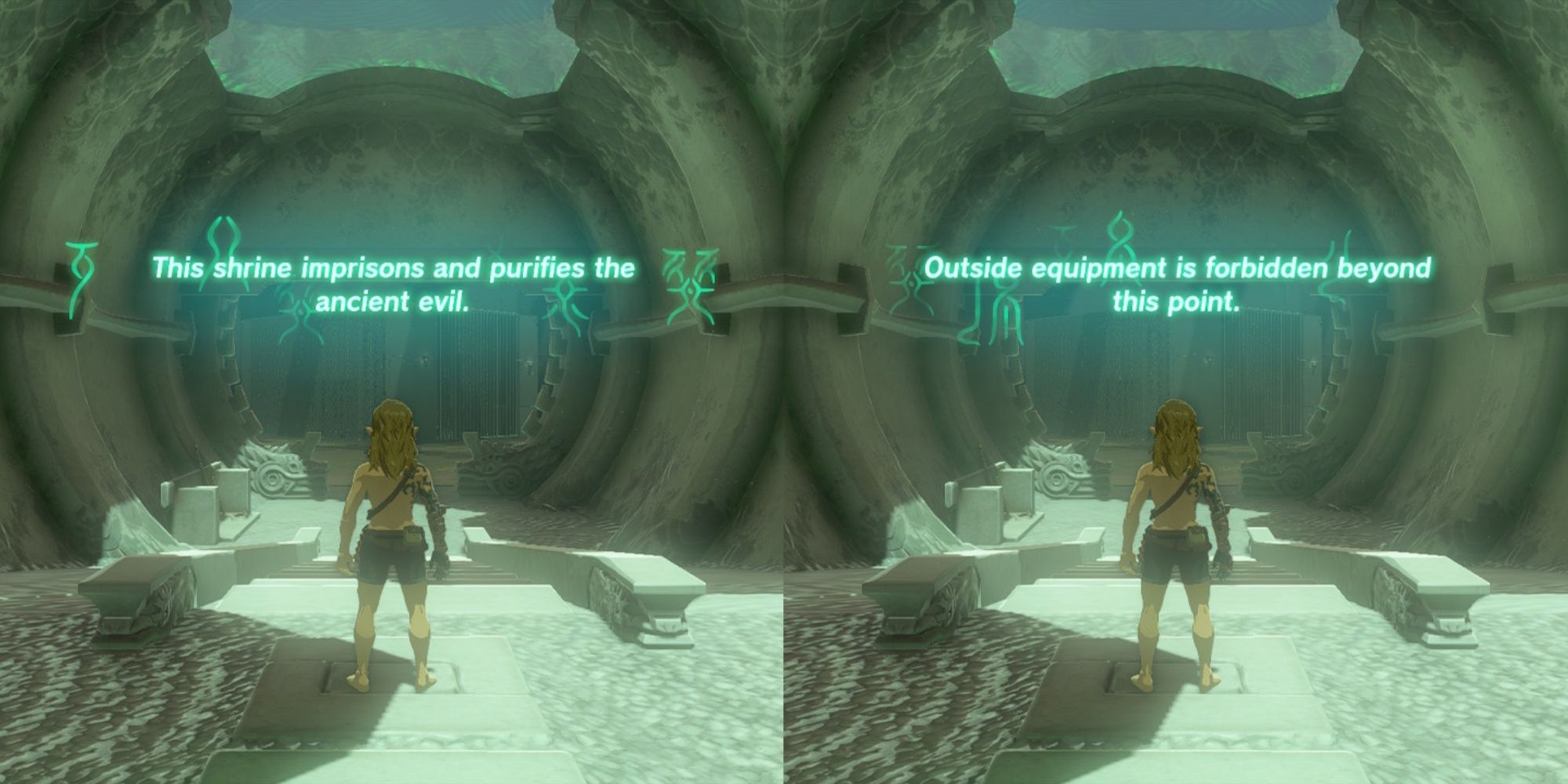 The message that greets Link upon entering the Rasitakiwak Shrine, alerting him that any Equipment brough in from outside will be forbidden to use while inside of the Shrine in The Legend of Zelda: Tears of the kingdom