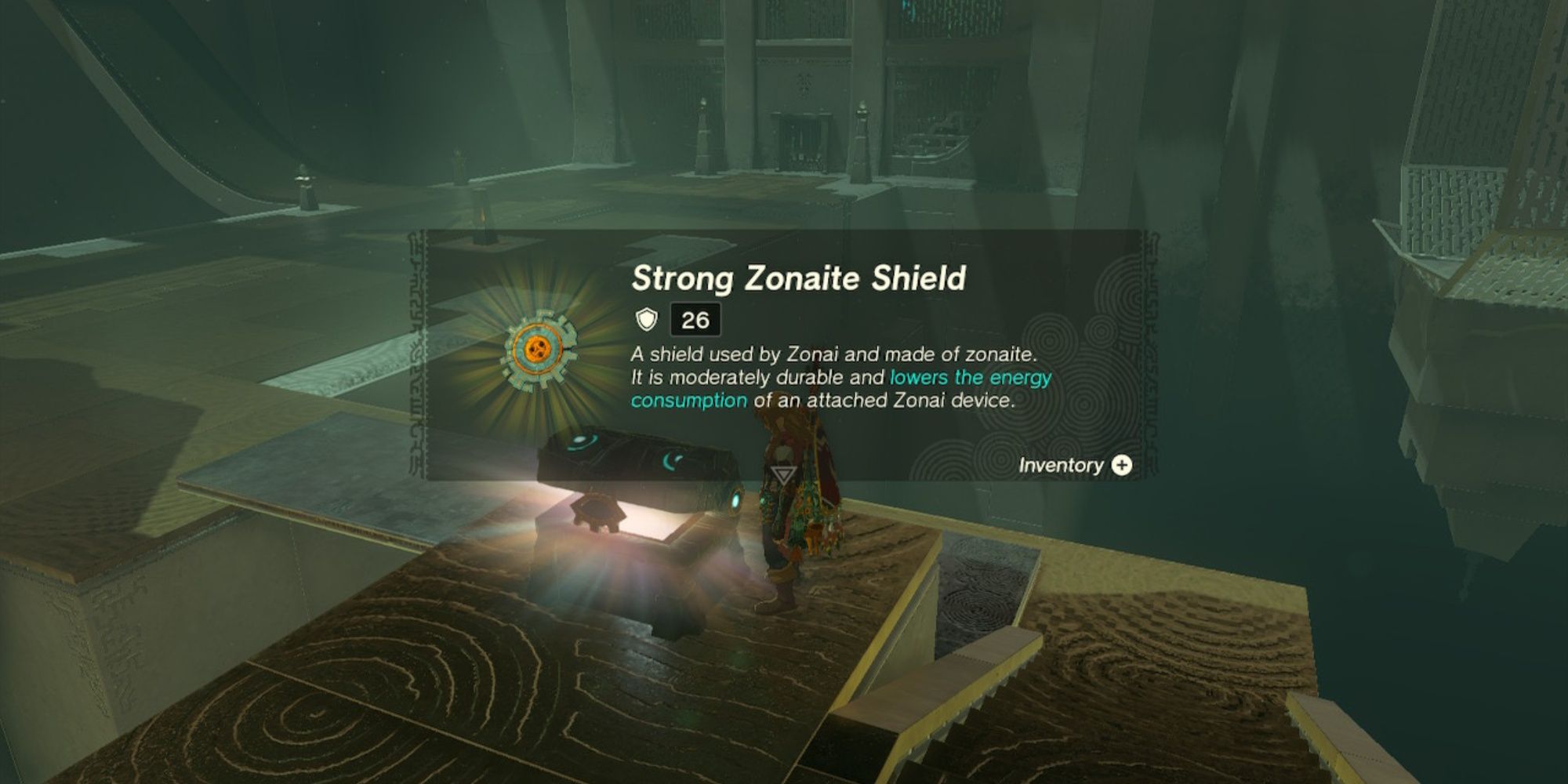Link opening the Treasure Chest in the Ren-iz Shrine and acquiring the Strong Zonaite Shield in The Legend of Zelda: Tears of the Kingdom