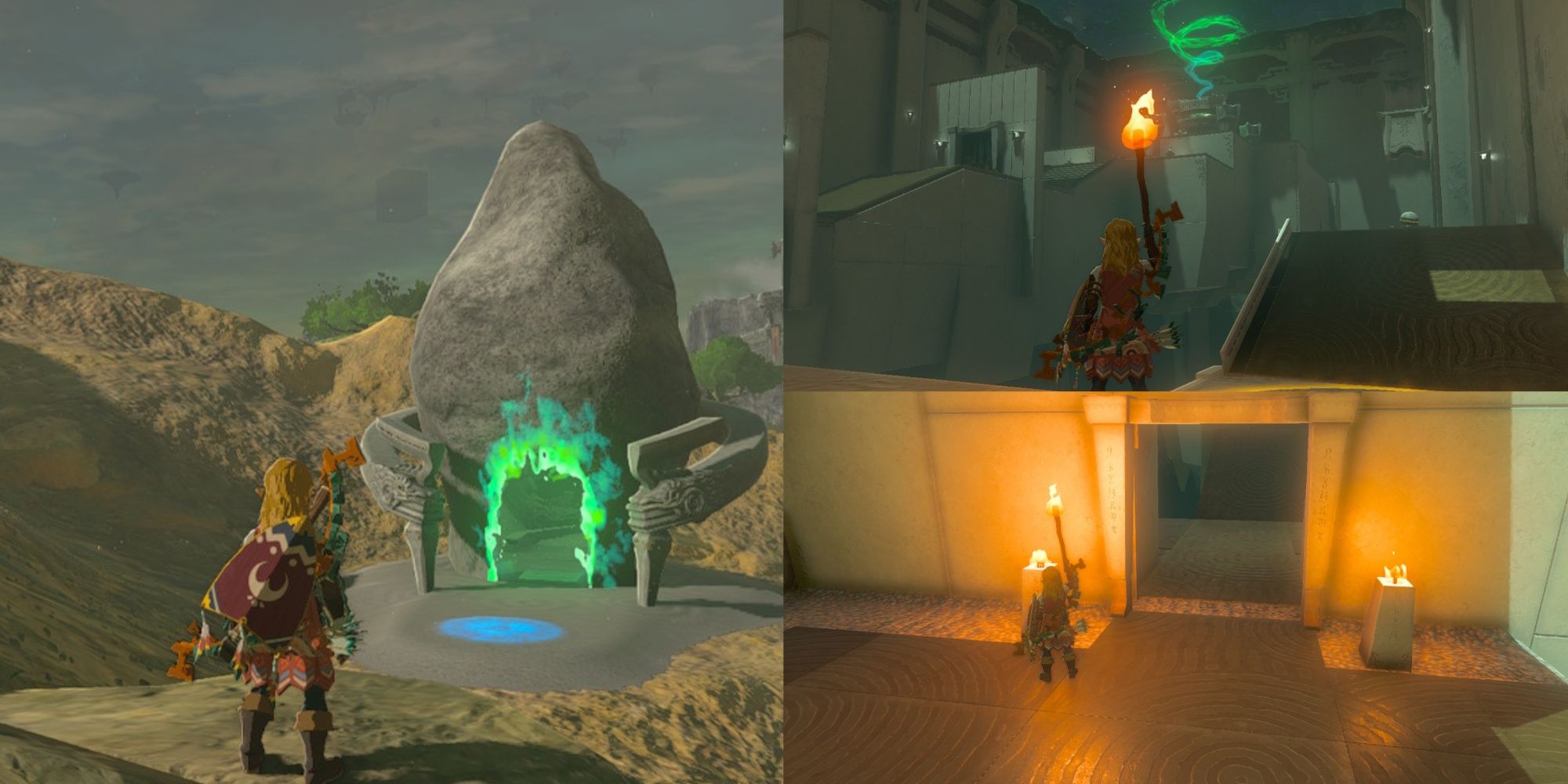 A collage of images of Link solving the various puzzles found in the Sepapa Shrine in The Legend of Zelda: Tears of the Kingdom