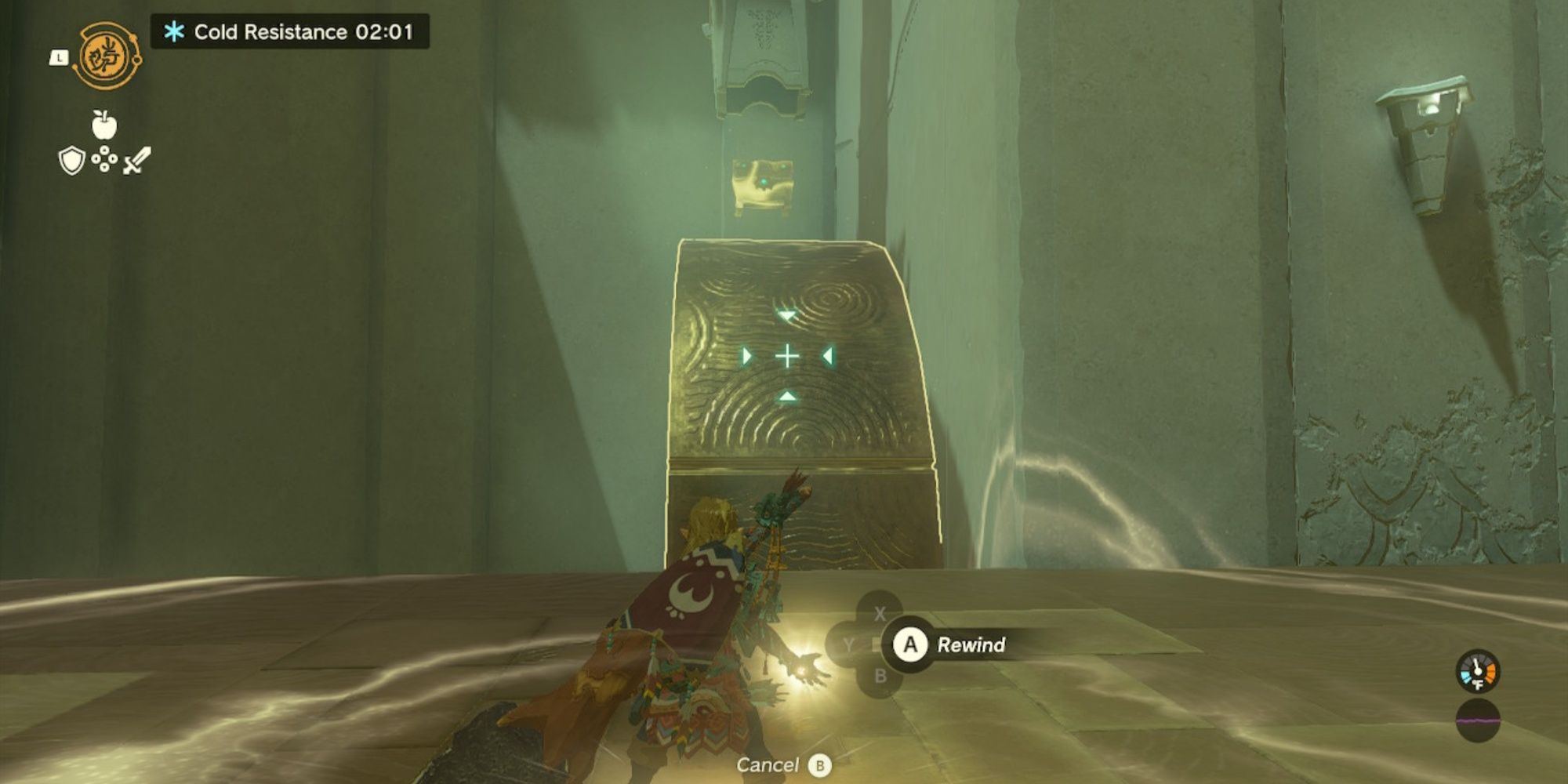 Link casting Recall on a spinning wheel to reverse its direction to have the Chest roll toward him in the Tauyosipun Shrine in The Legend of Zelda: Tears of the Kingdom