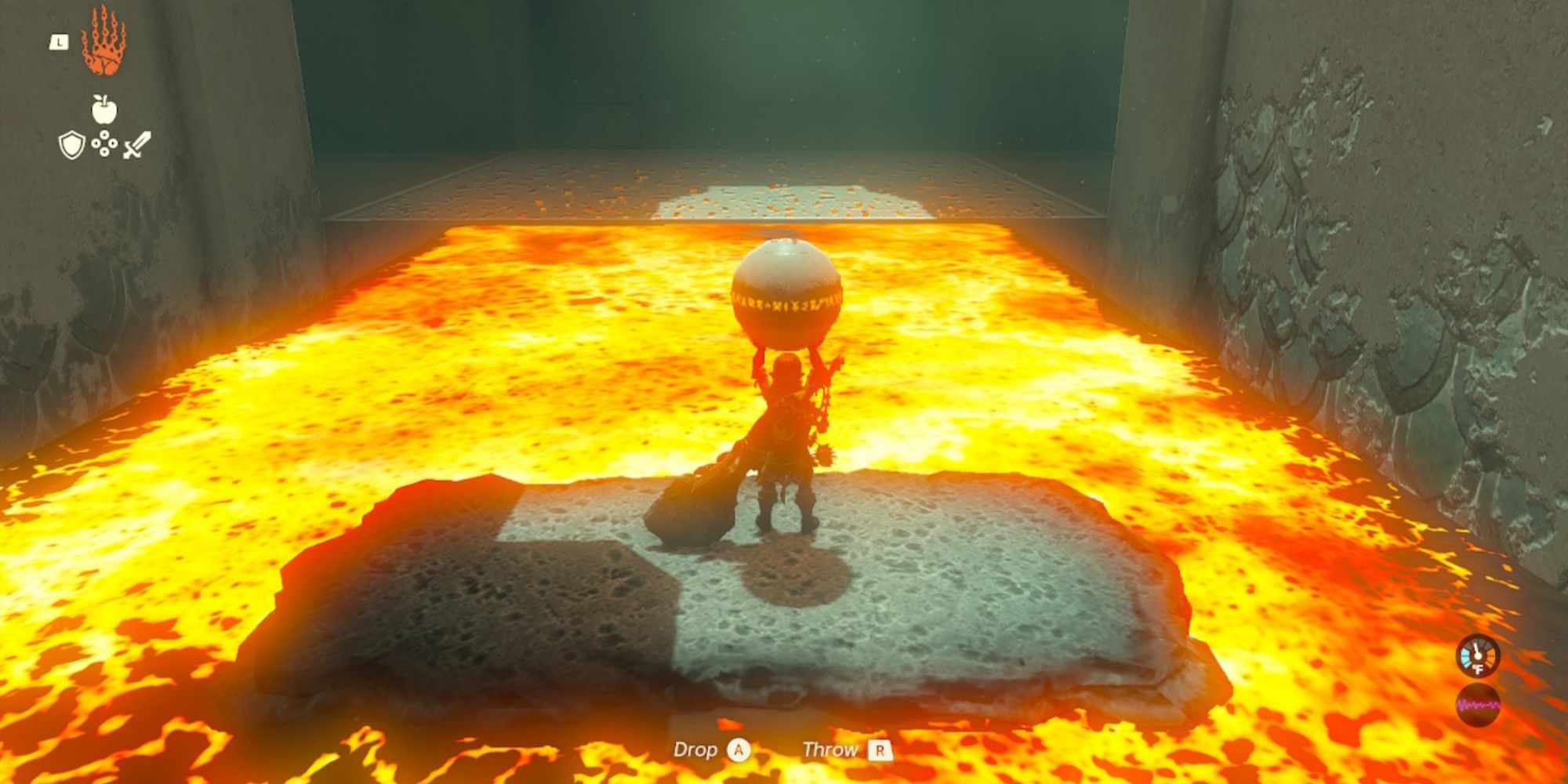 Link riding on a Long Lava Slab across the pit of lava while holding the Ball above his head in the Timawak Shrine in The Legend of Zelda: Tears of the Kingdom