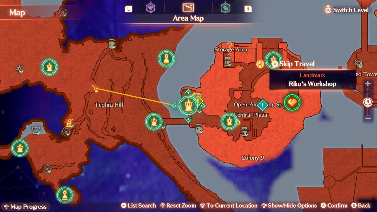 The map location for Riku's Workshop in Colony 9 in Xenoblade Chronicles 3: Future Redeemed.