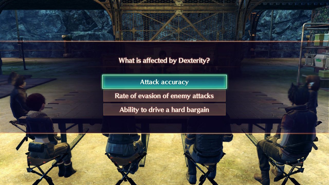 Panacea asks a quiz question about Dexterity in Xenoblade Chronicles 3: Future Redeemed.