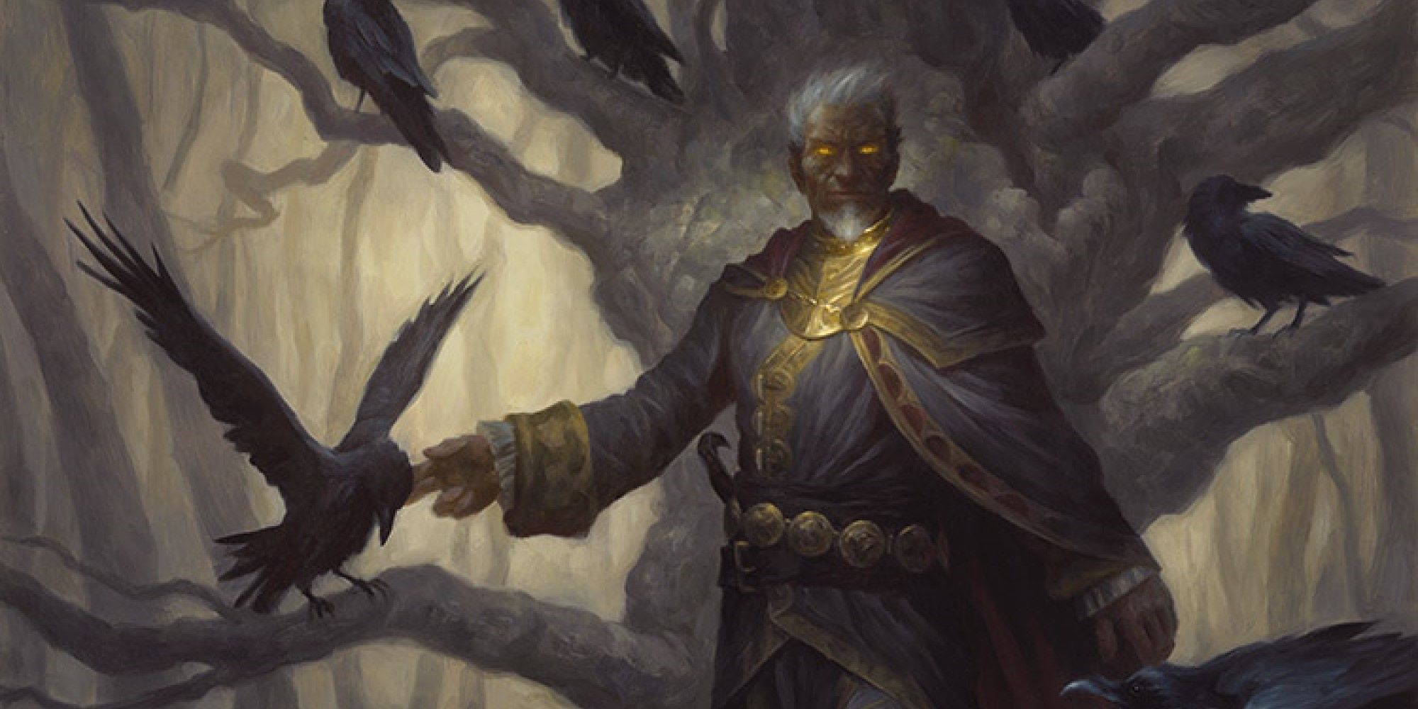 MTG A wizard with glowing eyes standing in front of a tree where many ravens are roosting