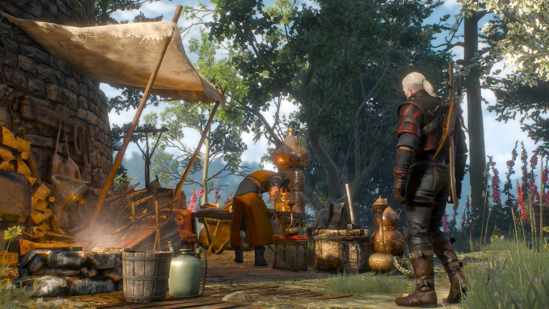 A screenshot of Geralt visiting a craftsman in the outdoors in Velen.