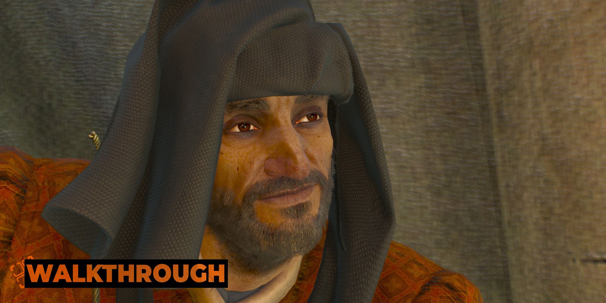An Ofieri merchant smiles at Geralt inside his tent as they talk about enchanting.
