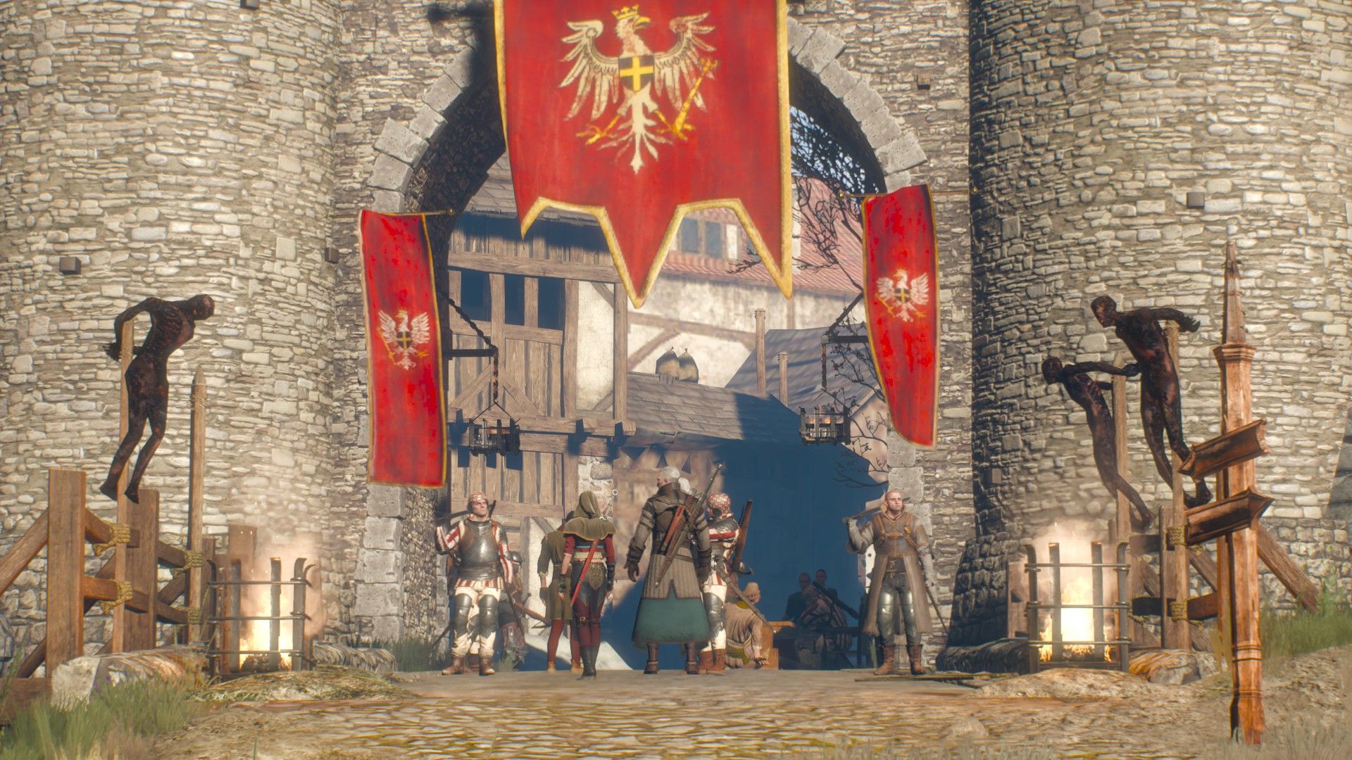 Geralt and Ciri stand outside Novigrad's gates with the burned bodies on pyres around them.