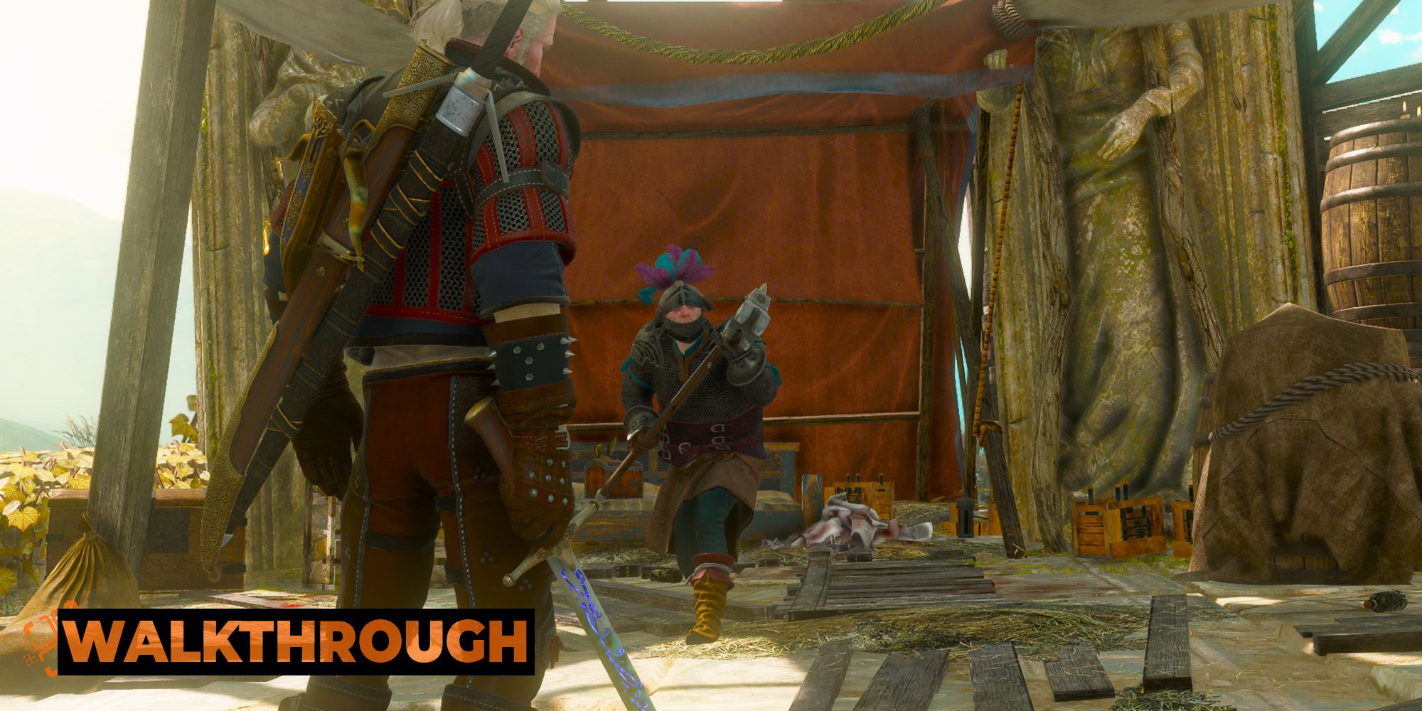 Geralt stands confidently with his sword drawn as a bandit wearing heavy armor and wielding a large hammer approaches.