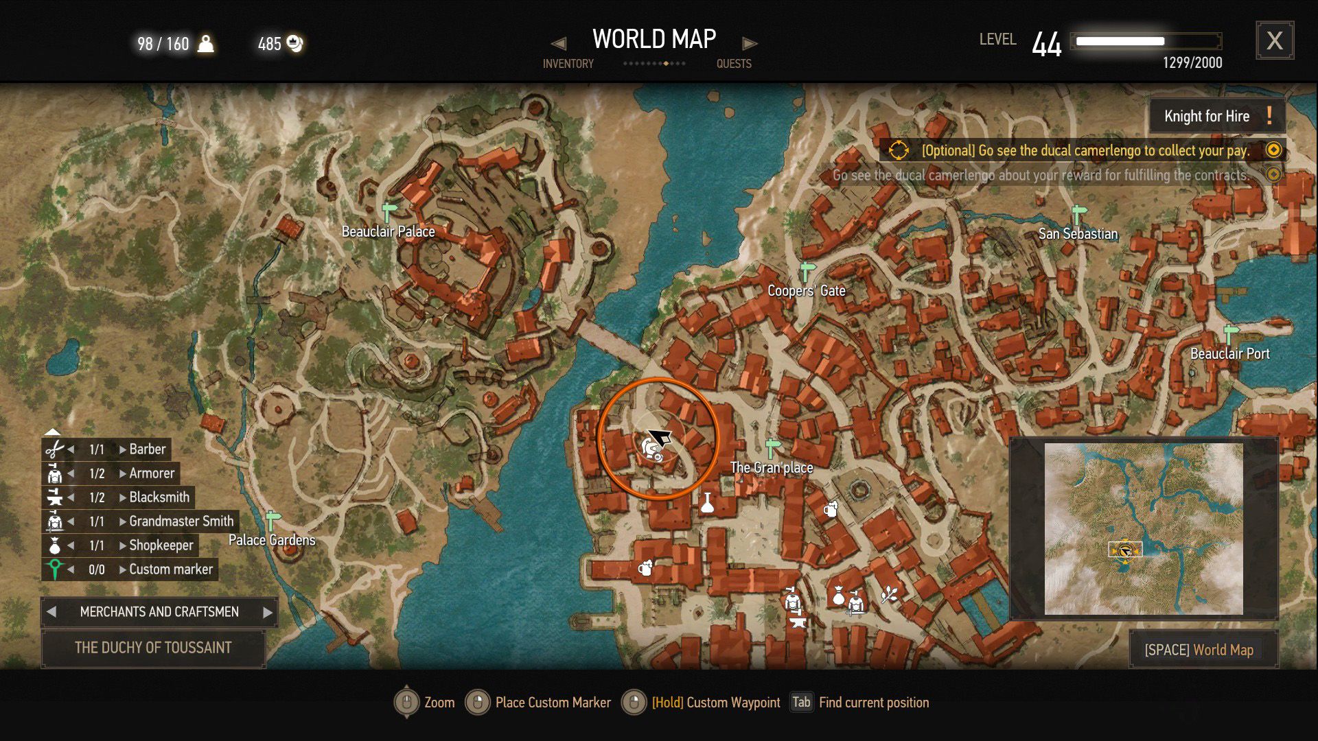 A screenshot of The Witcher 3's map with an orange circle over the Ducal Camerlengo's office.