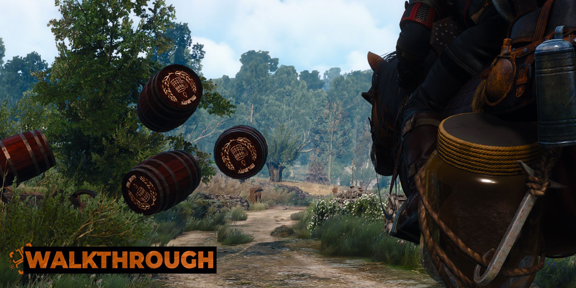 Geralt rides a horse through falling barrels in The Witcher 3.