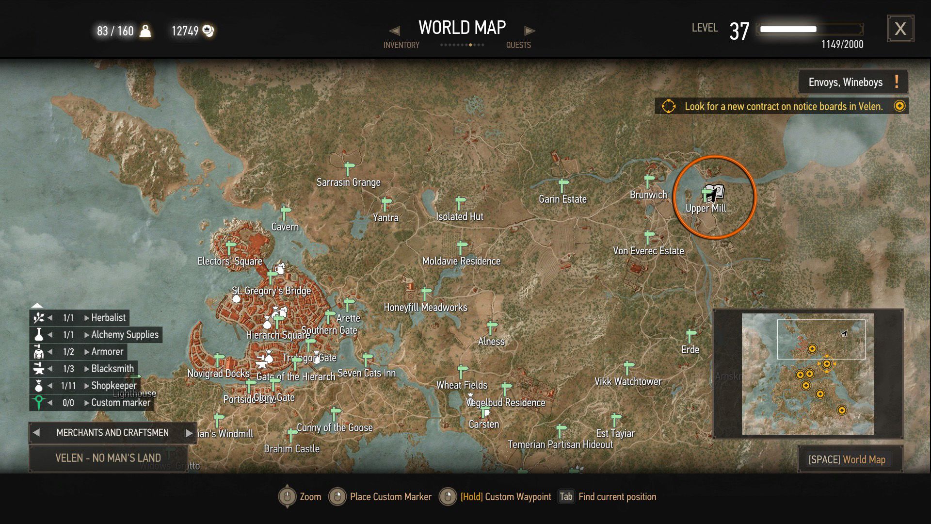 A screenshot of The Witcher 3's map with an orange circle over a quest objective.