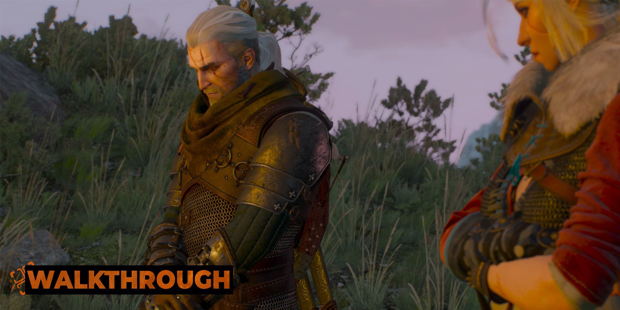 Geralt and Ciri pay their respects by a fire, with their faces lit in the glow.
