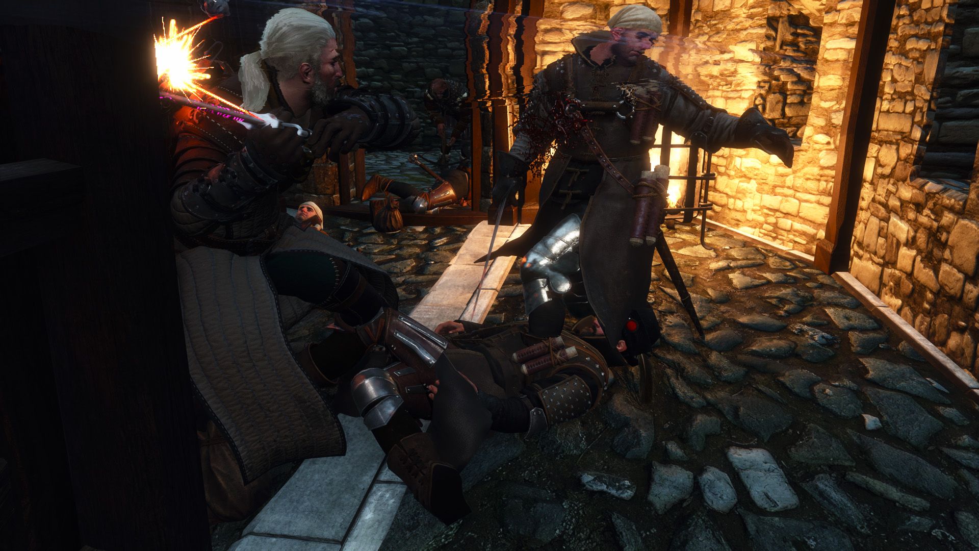 Geralt fights a guard in a fortified location, with his sword throwing sparks as he hits a wall.