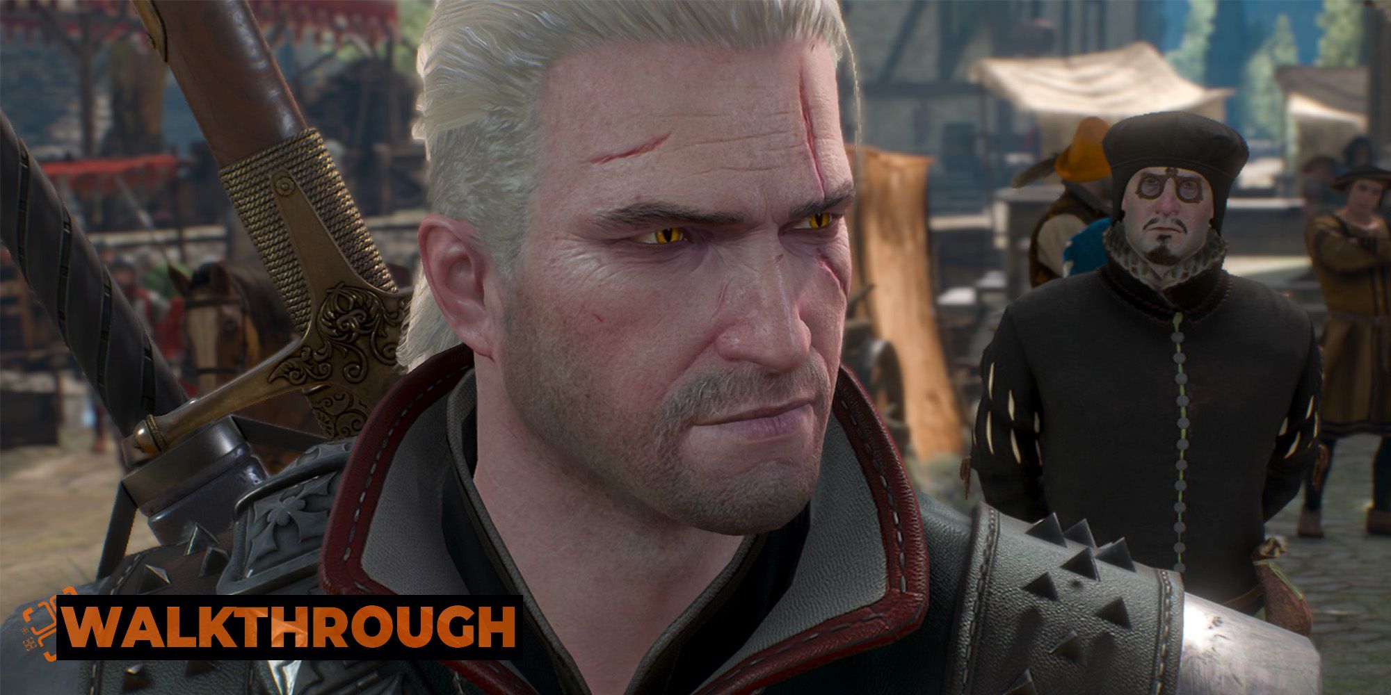 Geralt shoots an annoyed look over his shoulder as a bespectacled man calls him out in a market.