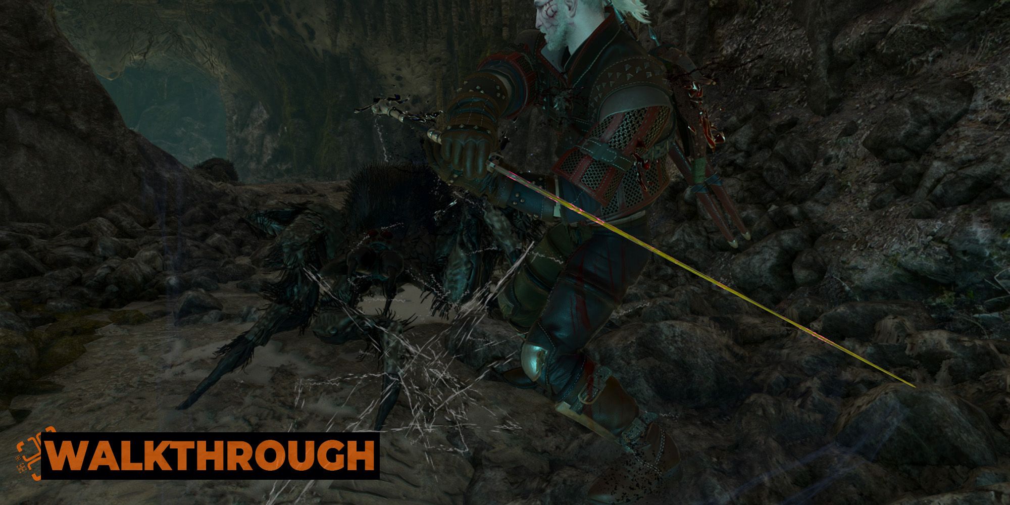 Geralt fights a spider-like creature in a dark cave.
