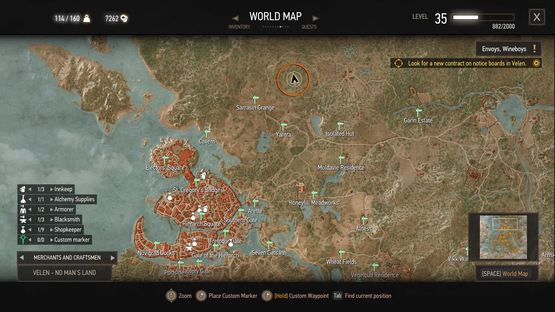 A zoomed-out map from The Witcher 3, with an orange circle over a quest objective.