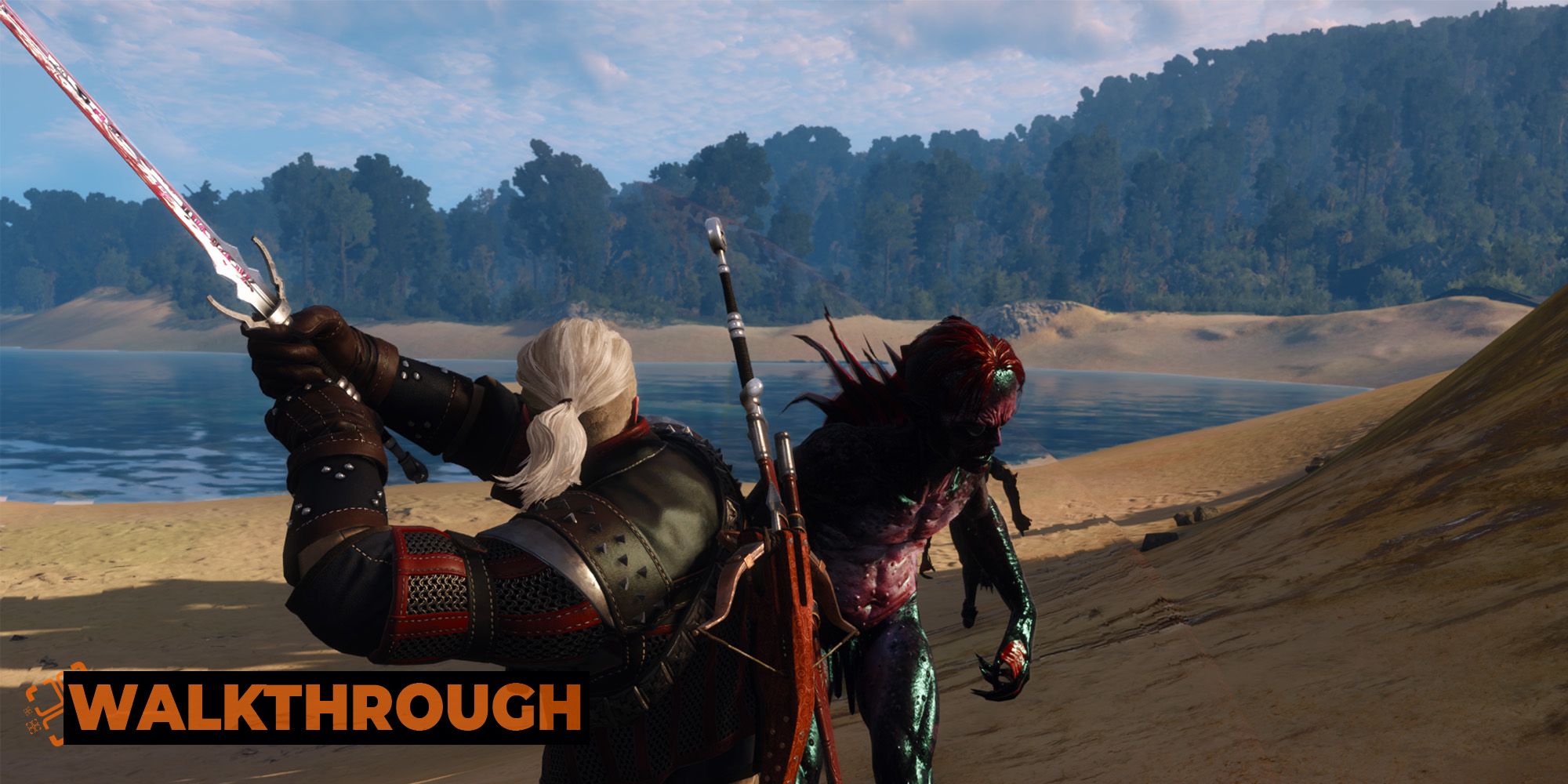 Geralt lands an upward slash on a monster as he fights it by a beach.