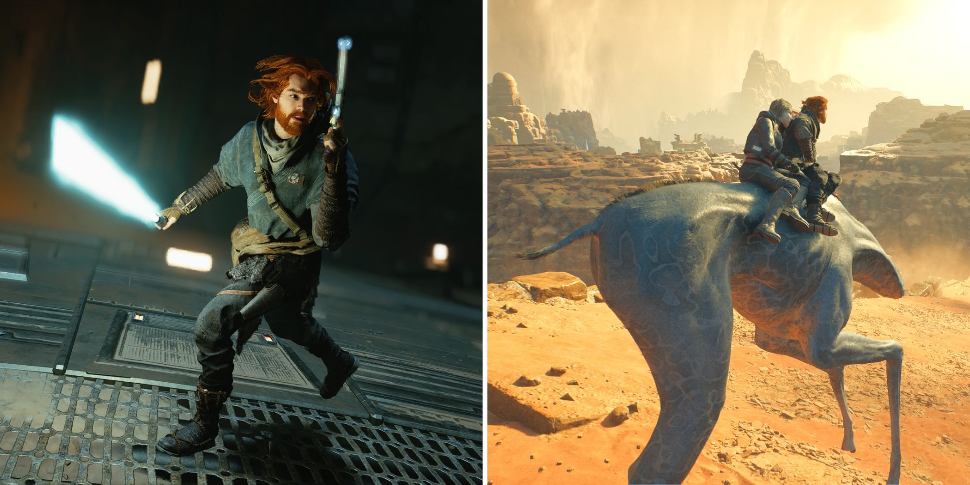 Cal Kestis runs with his lightsaber and blaster drawn; Cal and Merrin ride on Spamel through Jedah