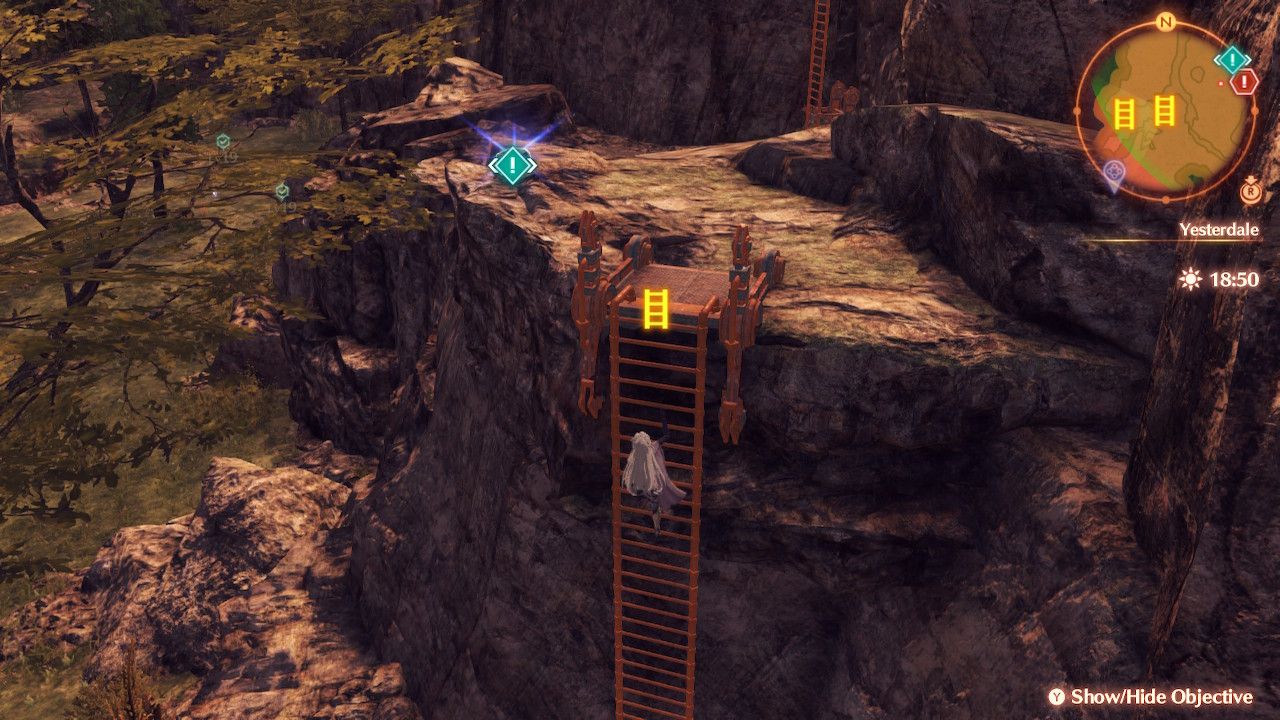 A climbs a ladder and heads toward a Dance Apple to collect it in Xenoblade Chronicles 3: Future Redeemed.