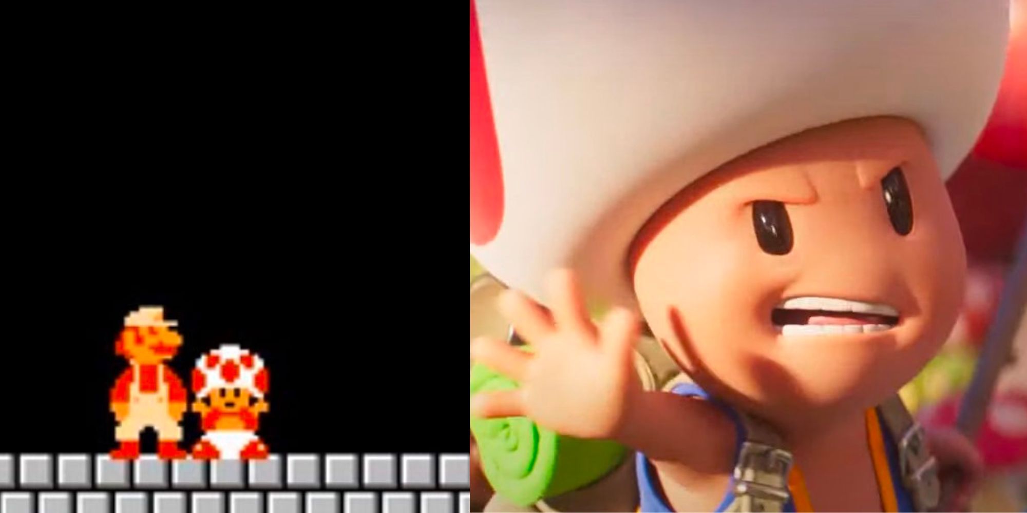 Toad Standing By Mario in the Original Super Mario Game; An Angry Toad in the New Super Mario Bros Movie