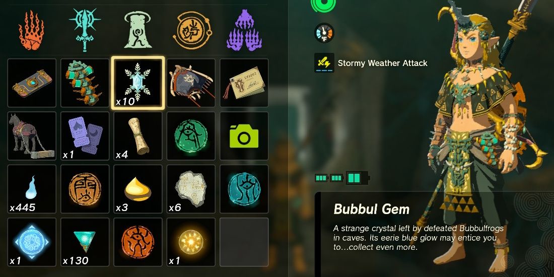 The Bubbul Gem in Link's inventory in The Legend of Zelda Tears of the Kingdom.