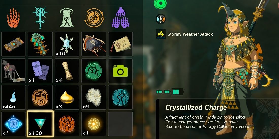 Crystallized Charges in Links inventory in The Legend of Zelda Tears of the Kingdom.