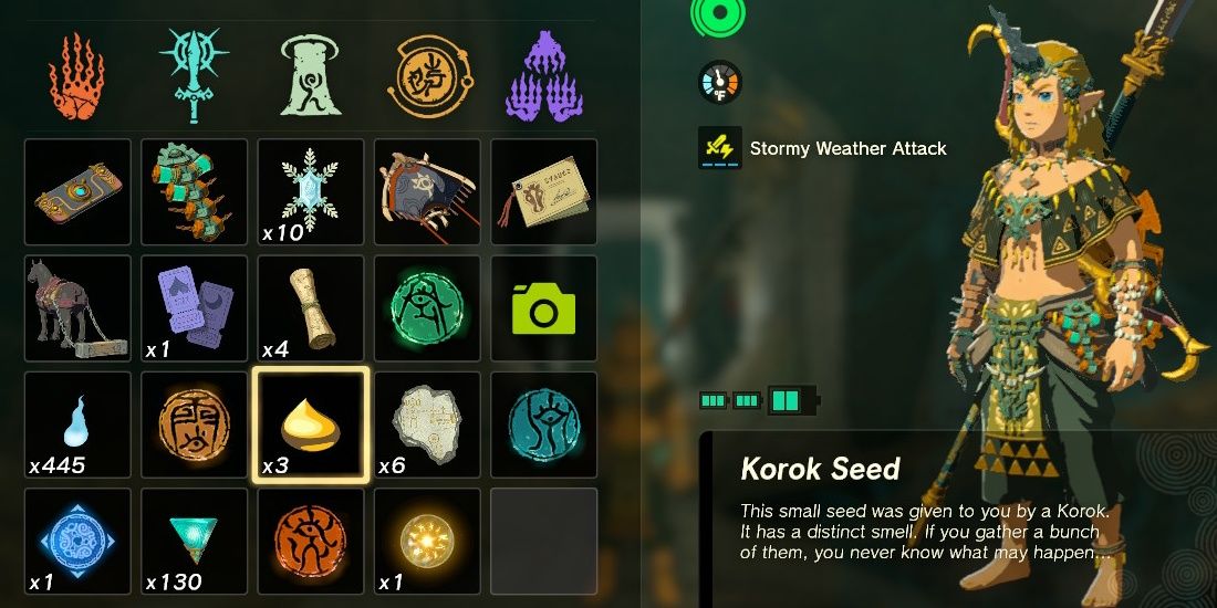 A Korok Seed in Link's inventory in The Legend of Zelda Tears of the Kingdom.