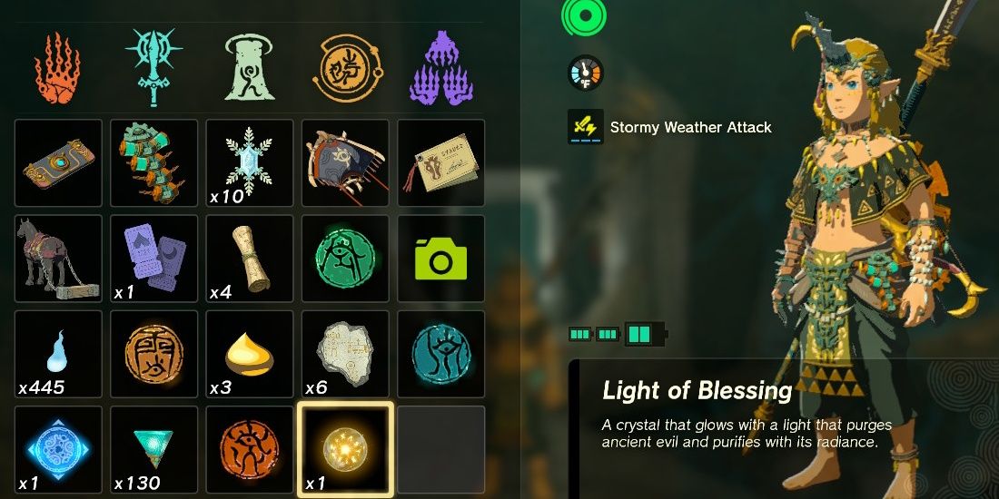 A Light of Blessing in Link's inventory in The Legend of Zelda Tears of the Kingdom.