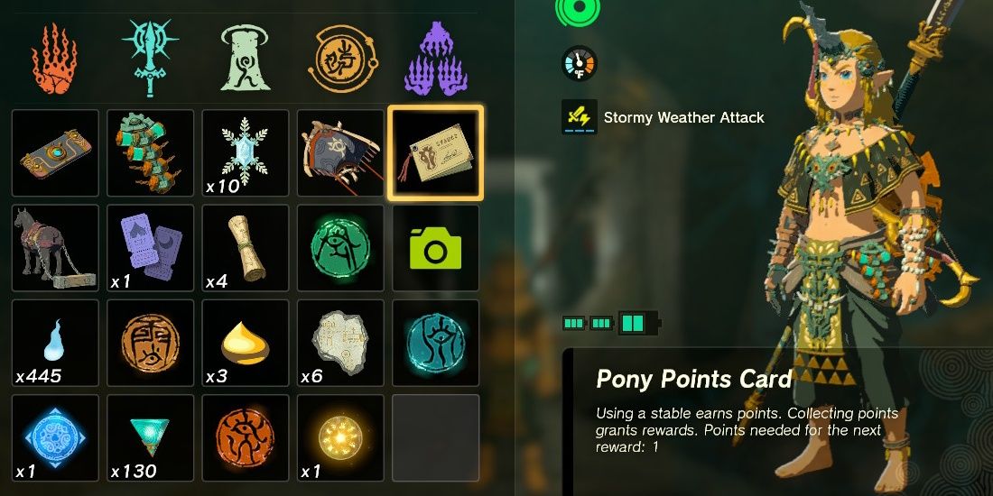 Link's Pony Points Card in his inventory in The Legend of Zelda Tears of the Kingdom.